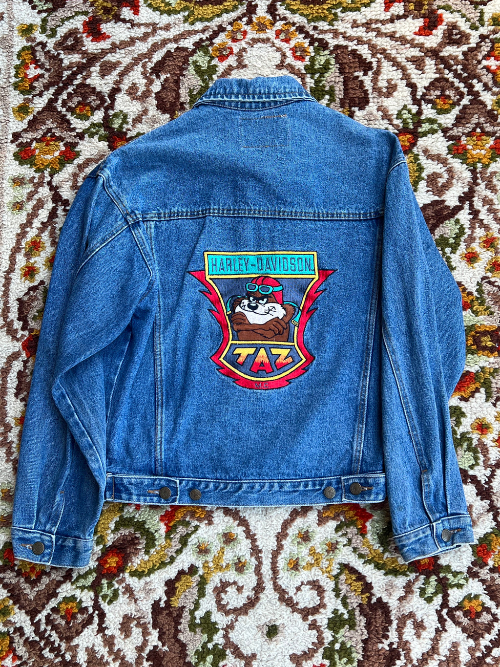 Vintage 1990s Acme Clothing Blue Denim Tazz X Harley Embroidered Jacket Size S-