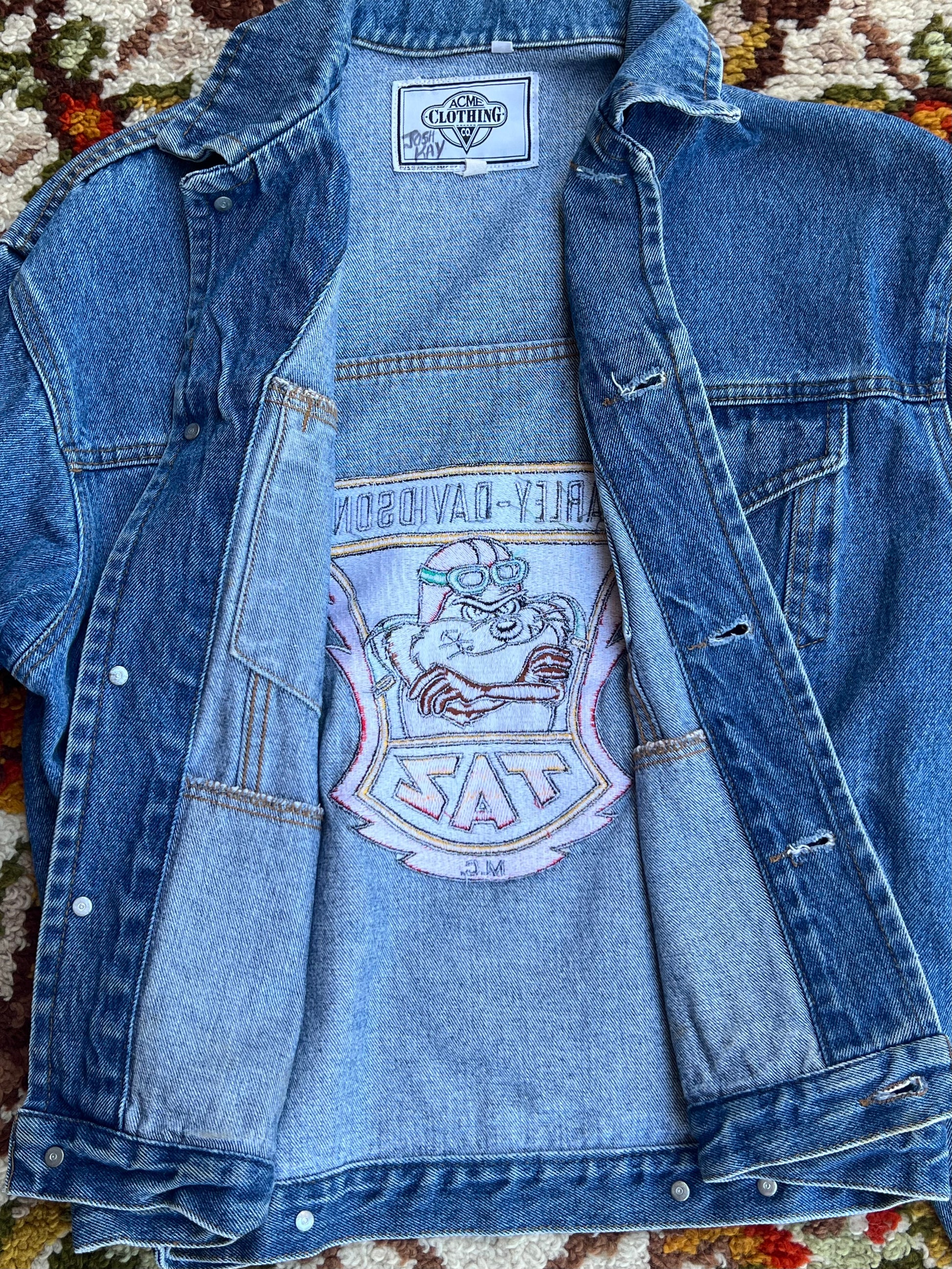 Vintage 1990s Acme Clothing Blue Denim Tazz X Harley Embroidered Jacket Size S-