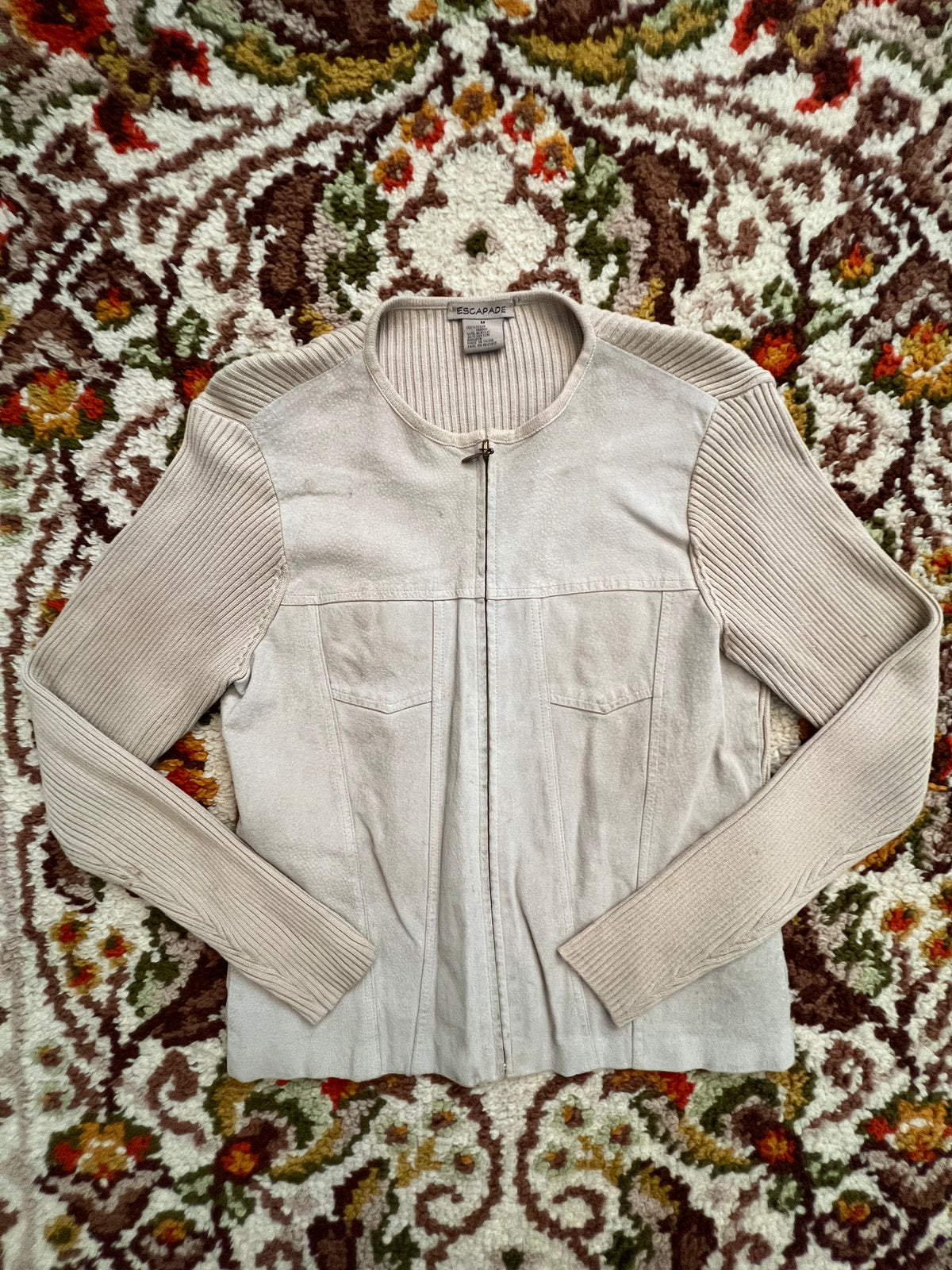 Y2K Escapade Vintage Tan Suede/Knit Long Sleeve Zip-Up Shirt M