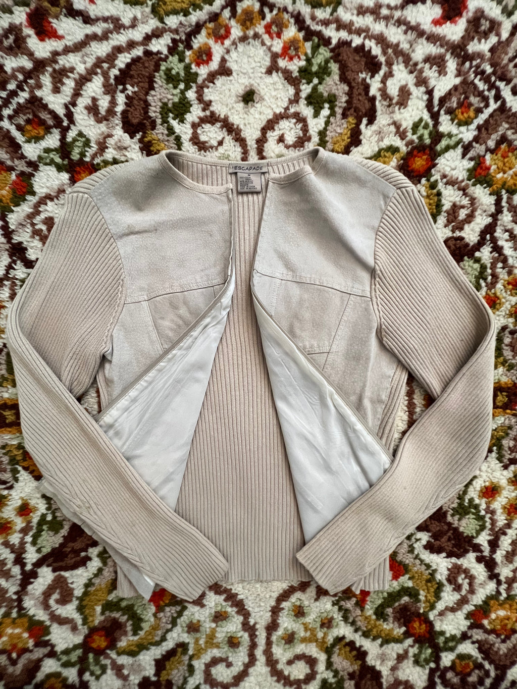 Y2K Escapade Vintage Tan Suede/Knit Long Sleeve Zip-Up Shirt M