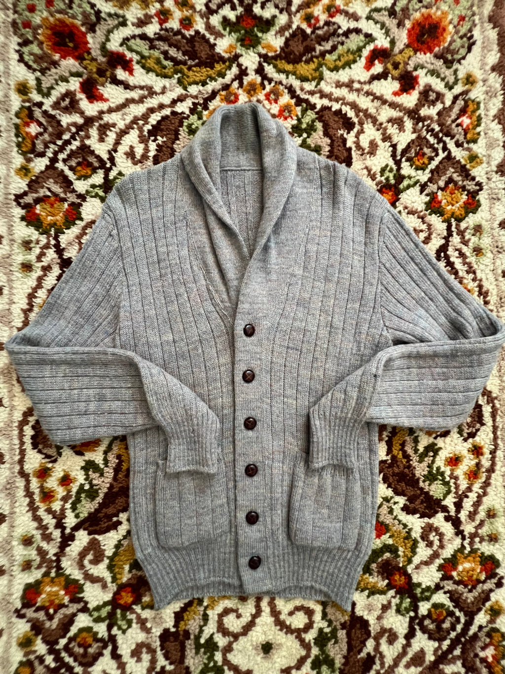 '70s Vintage Gray/Multi-Color Acrylic Button-Up Cardigan