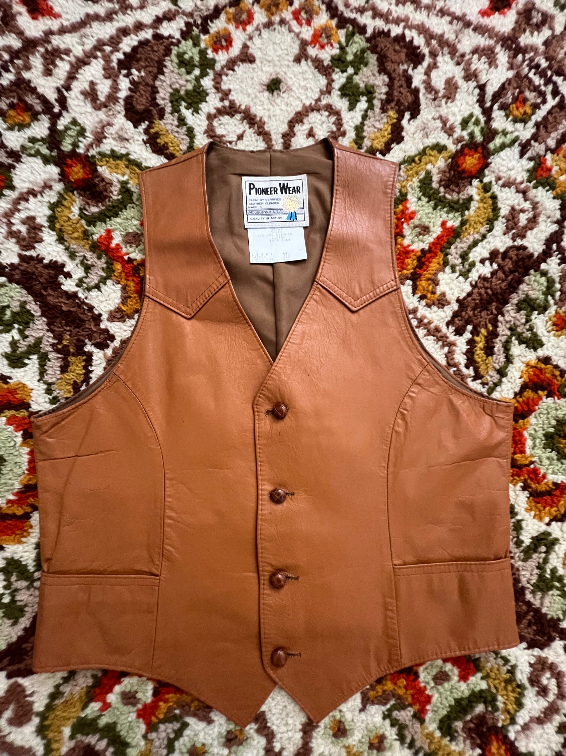 '70s-'80s Pioneer Wear Vintage Tan/Orange Leather Button-Up Vest 40