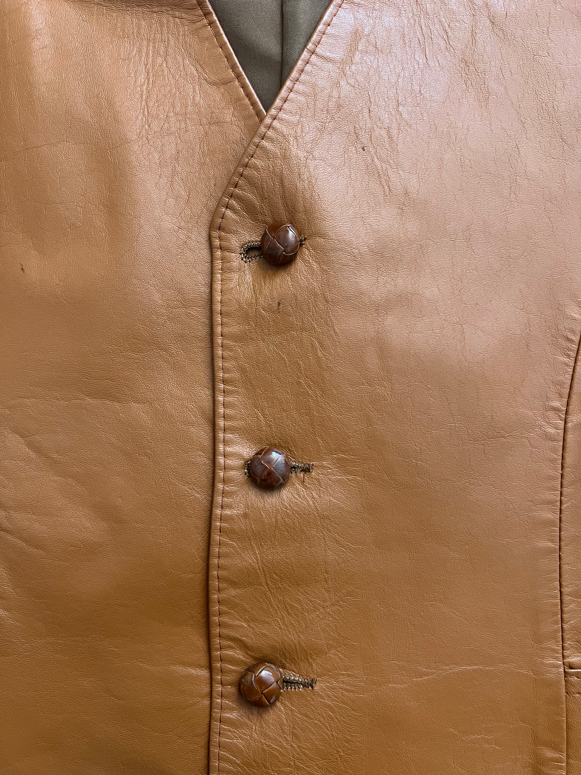 '70s-'80s Pioneer Wear Vintage Tan/Orange Leather Button-Up Vest 40