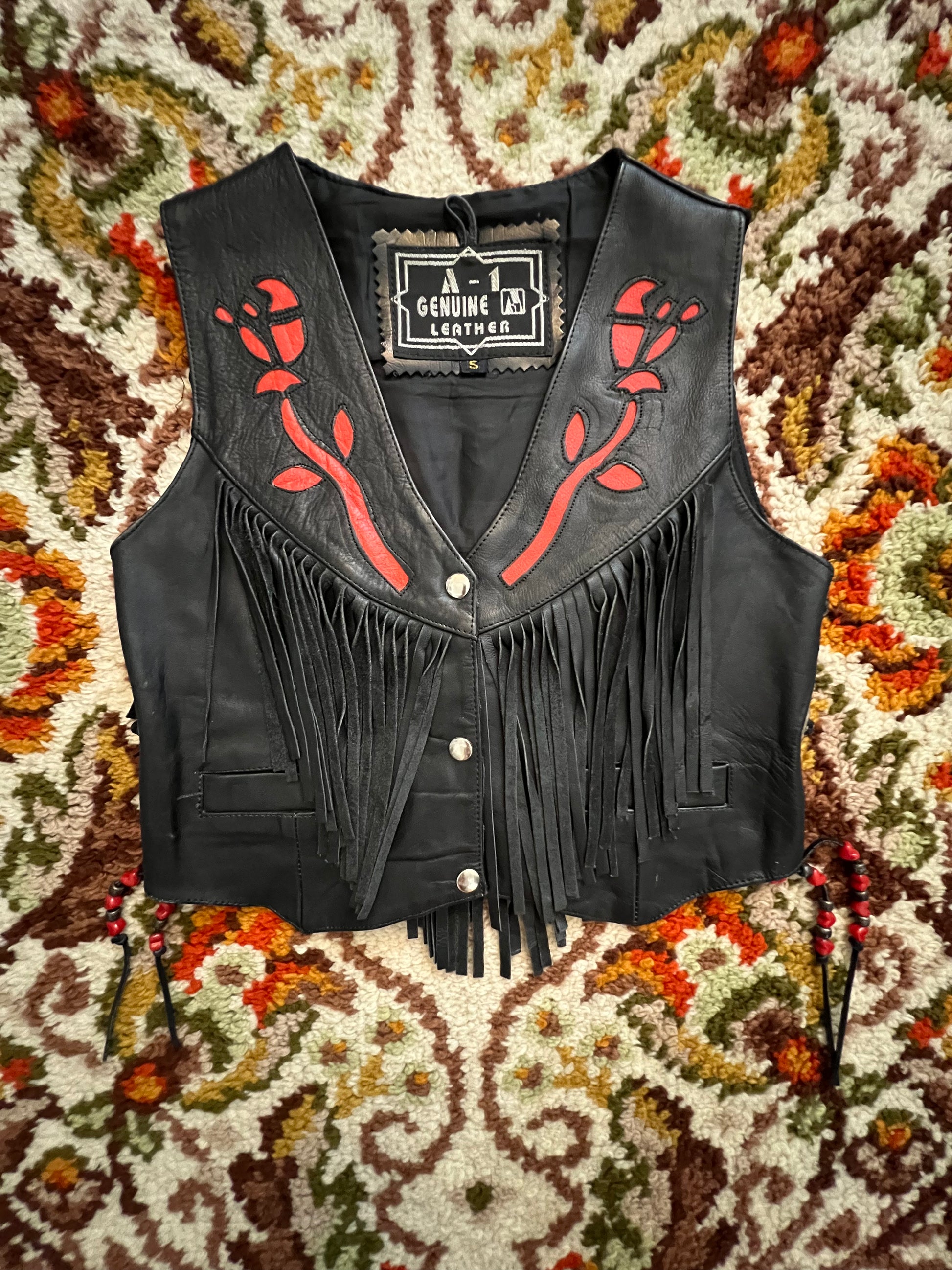 '80s A-1 Genuine Leather Vintage Black Red Rose Inlay Vest S