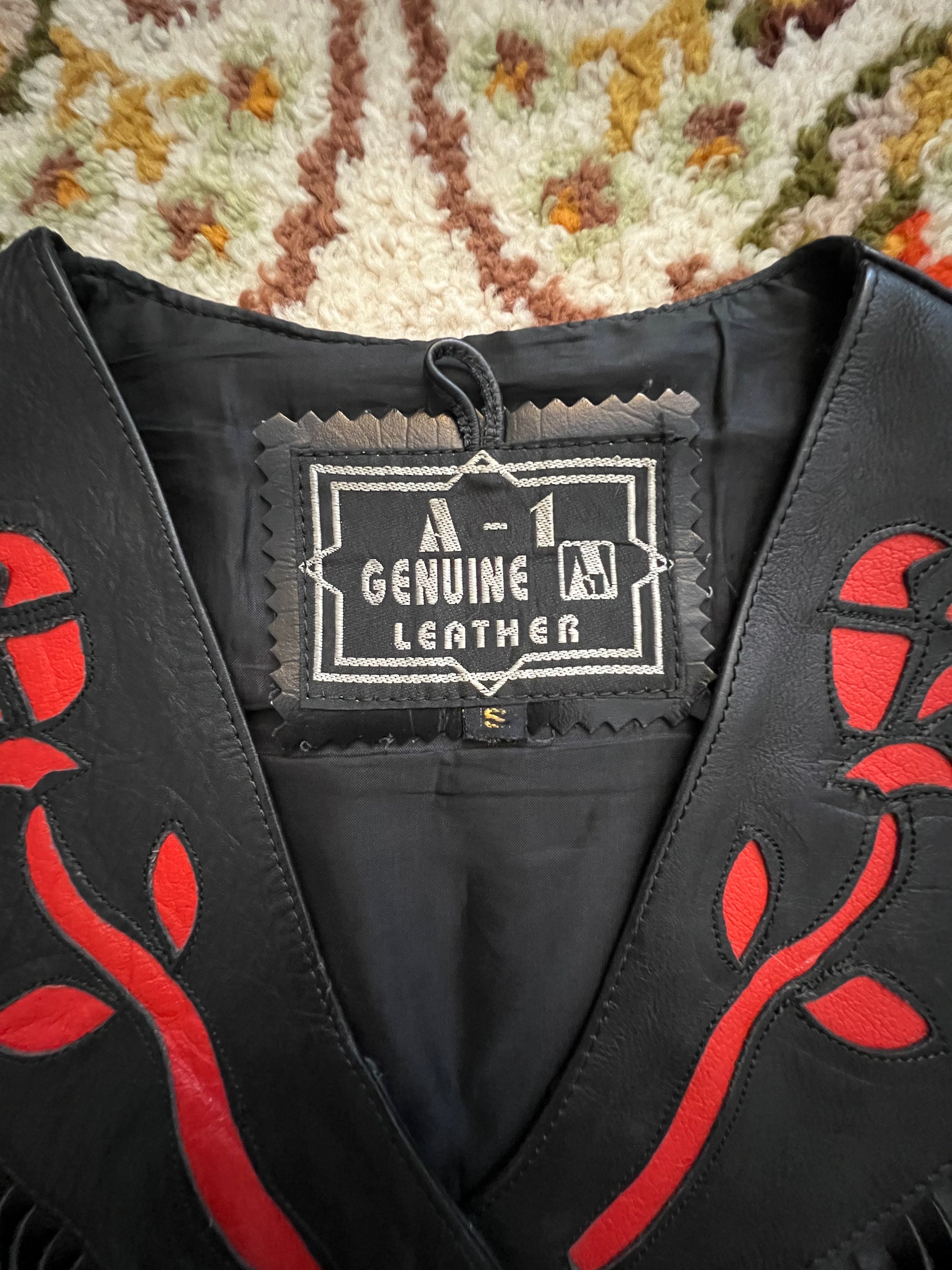 '80s A-1 Genuine Leather Vintage Black Red Rose Inlay Vest S