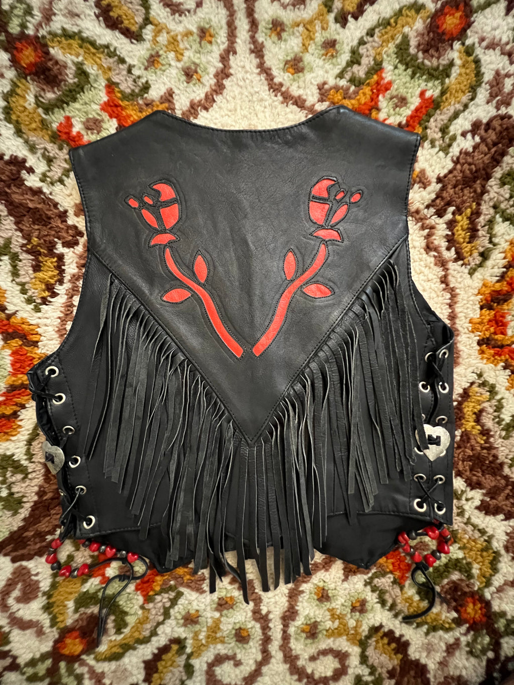 '80s A-1 Genuine Leather Vintage Black Red Rose Inlay Vest S