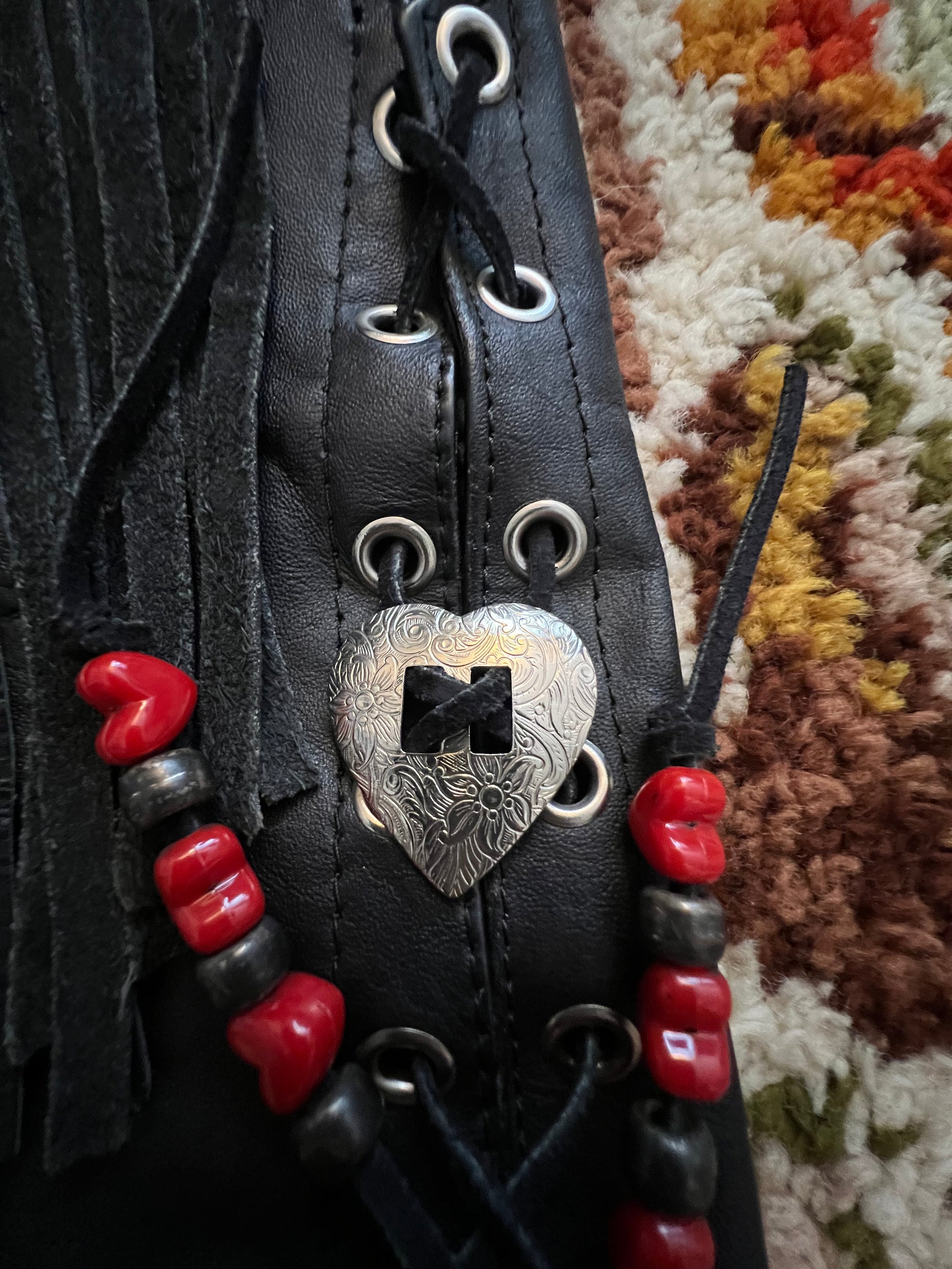 '80s A-1 Genuine Leather Vintage Black Red Rose Inlay Vest S