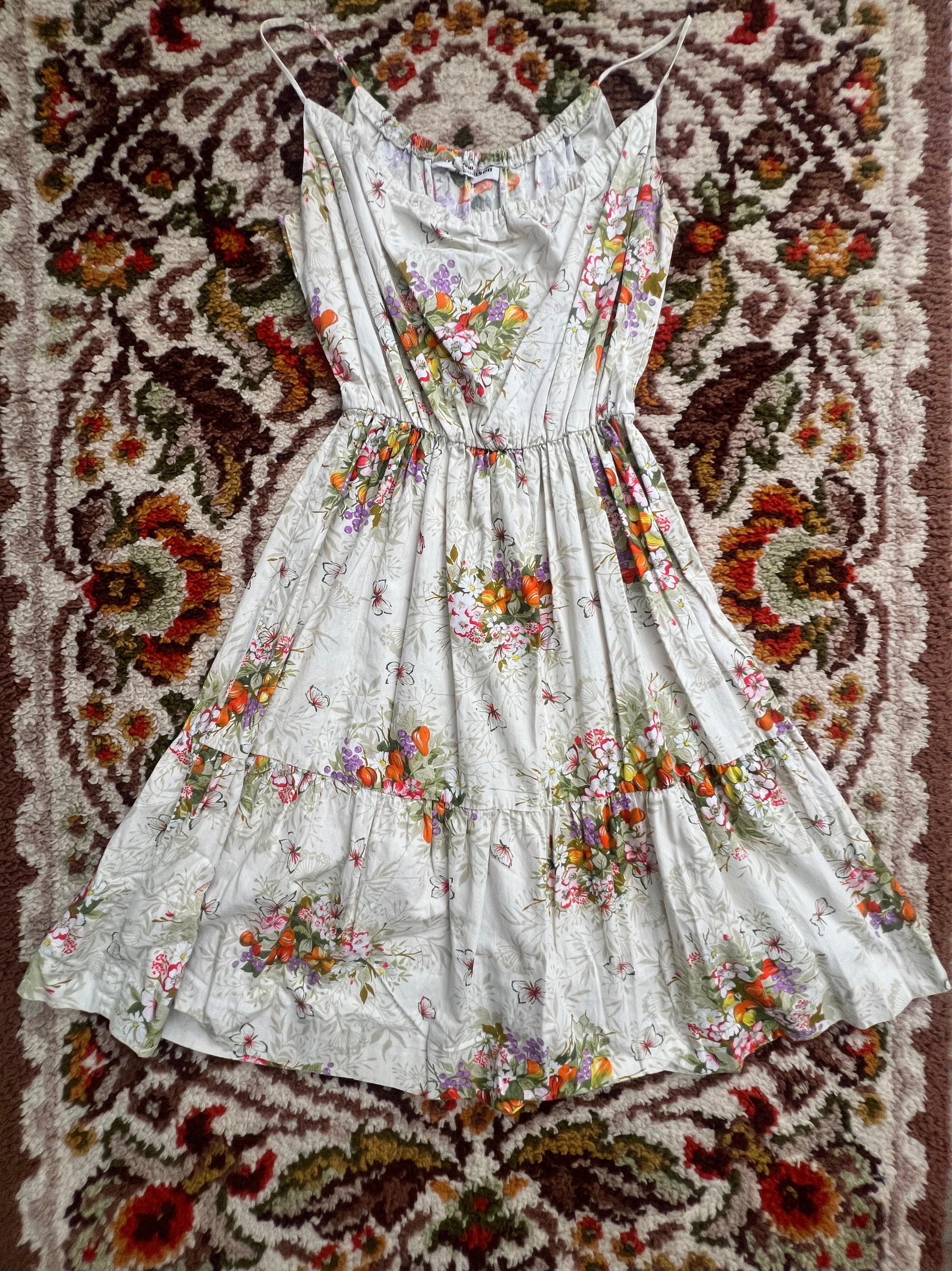 '70s Krist Gudnason Vintage Cream Floral/Fruit Cowl Neck Midi Dress