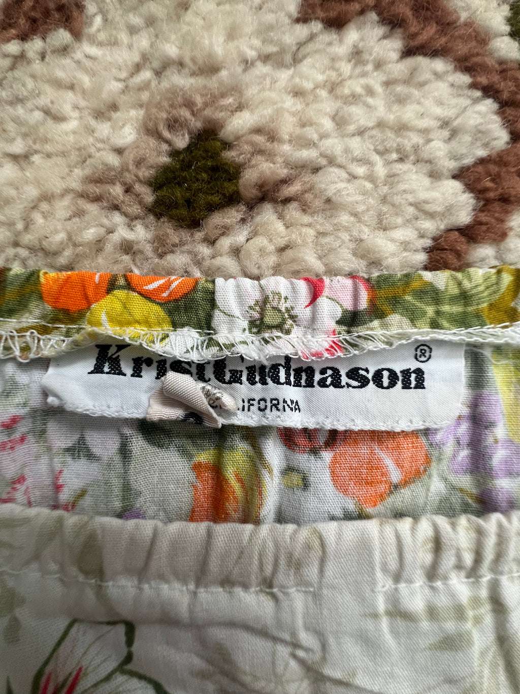 '70s Krist Gudnason Vintage Cream Floral/Fruit Cowl Neck Midi Dress