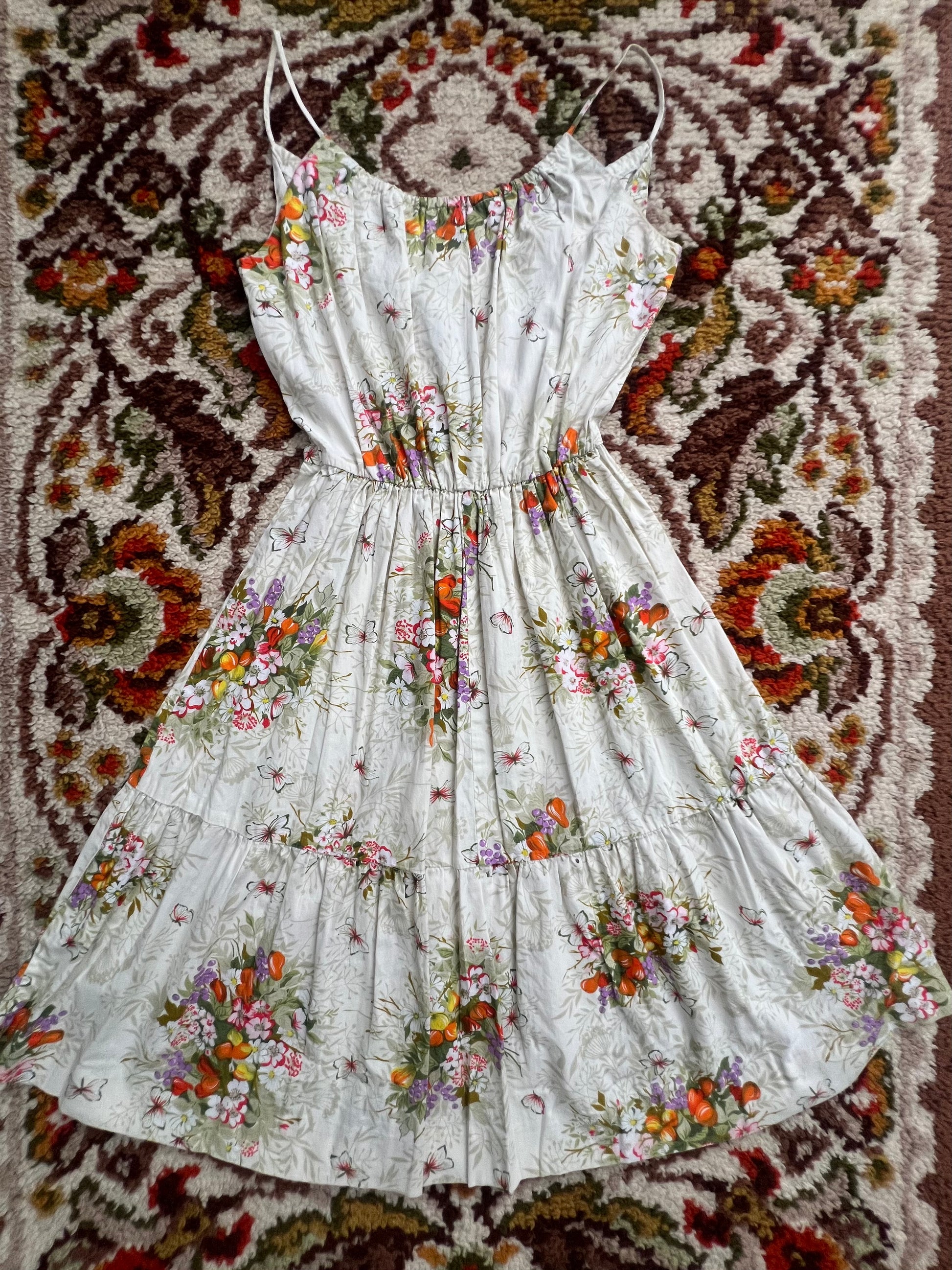 '70s Krist Gudnason Vintage Cream Floral/Fruit Cowl Neck Midi Dress