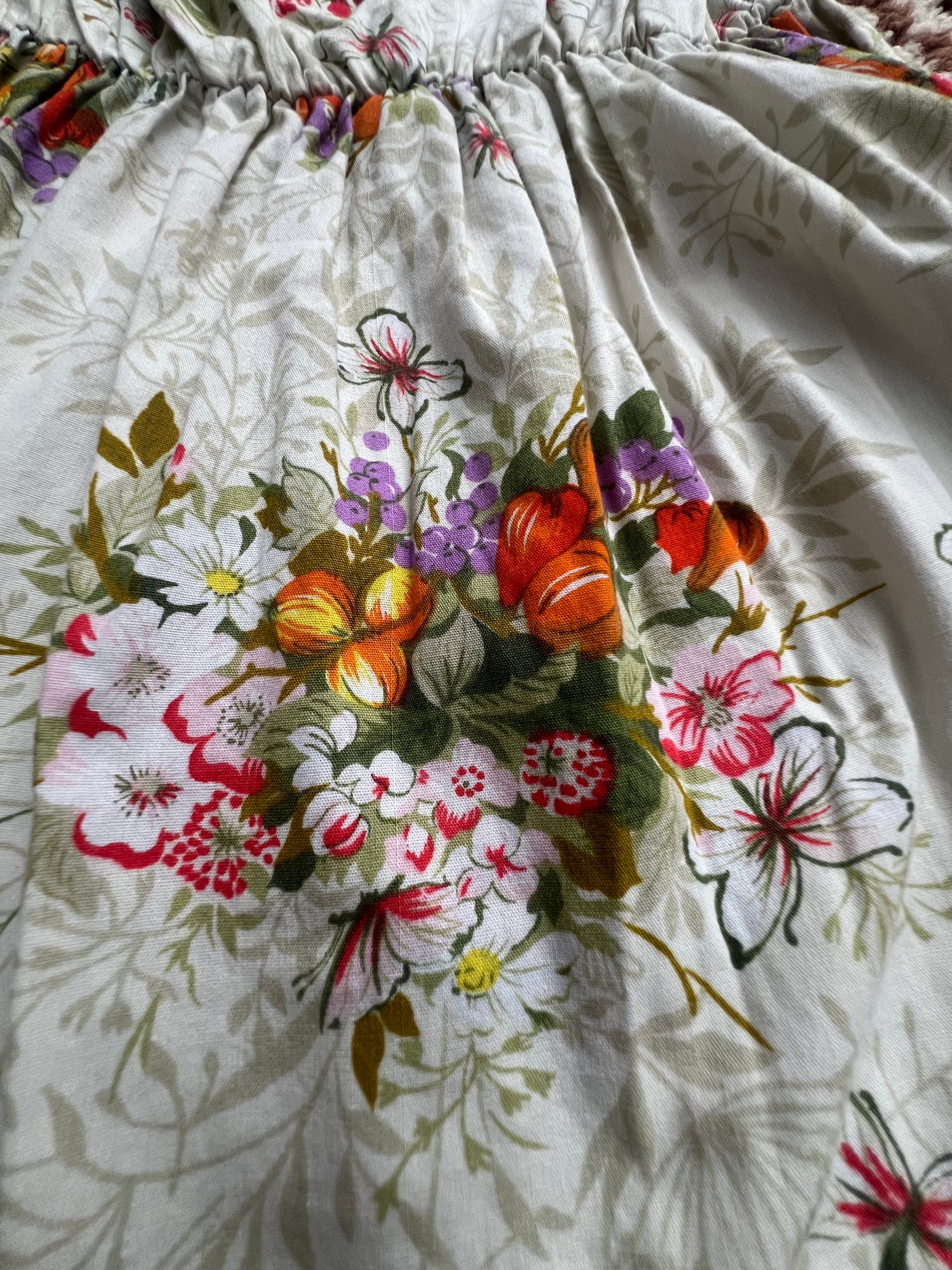 '70s Krist Gudnason Vintage Cream Floral/Fruit Cowl Neck Midi Dress