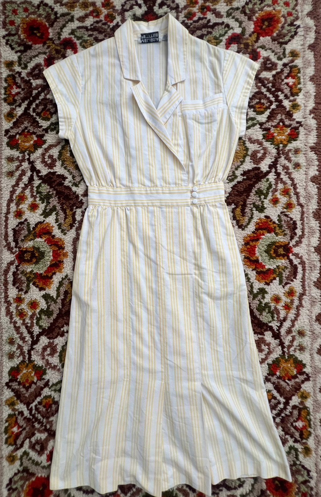 '70s-'80s Melissa Petites Vintage Yellow Striped Short Sleeve Midi Dress 10