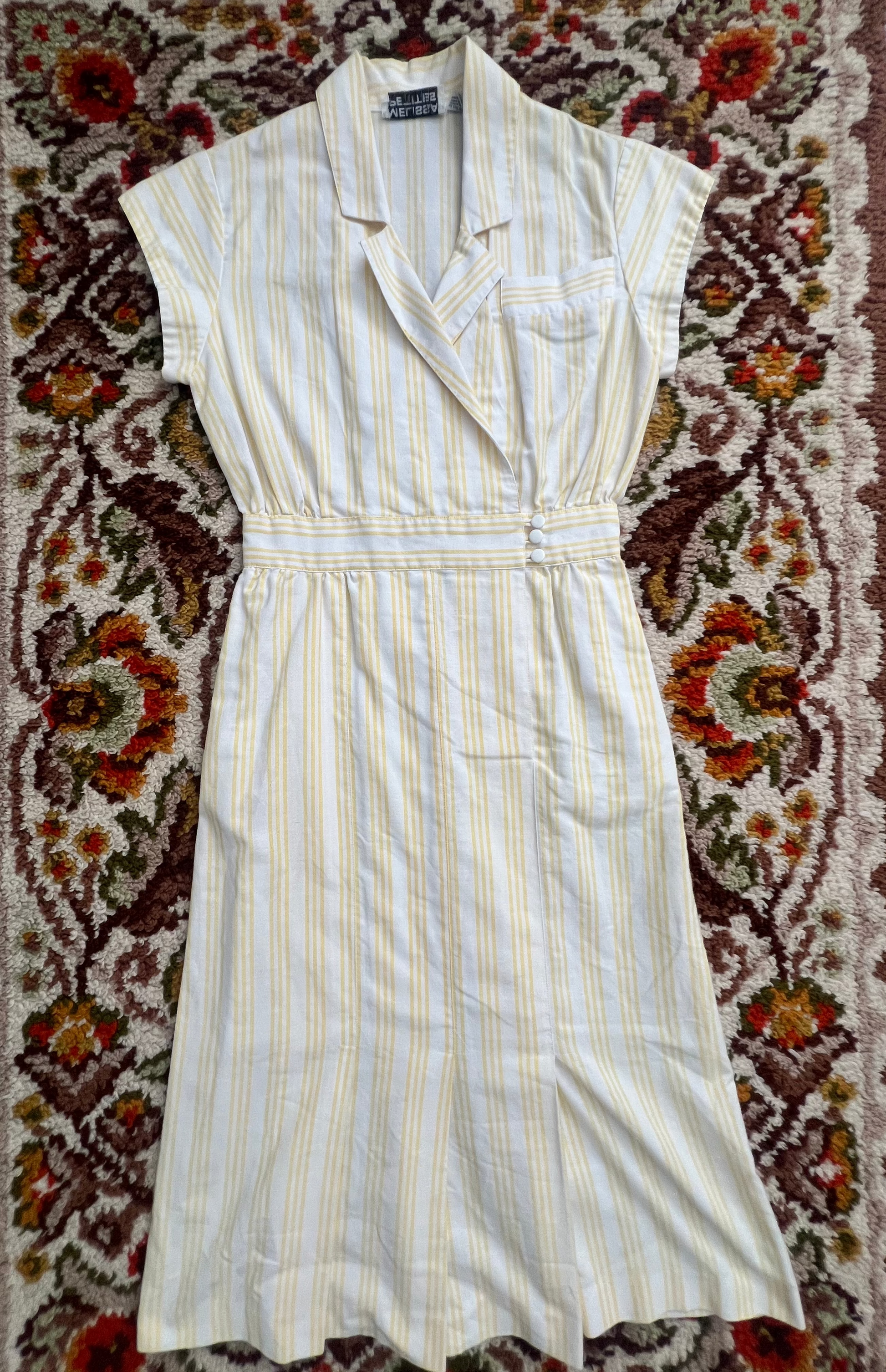 '70s-'80s Melissa Petites Vintage Yellow Striped Short Sleeve Midi Dress 10