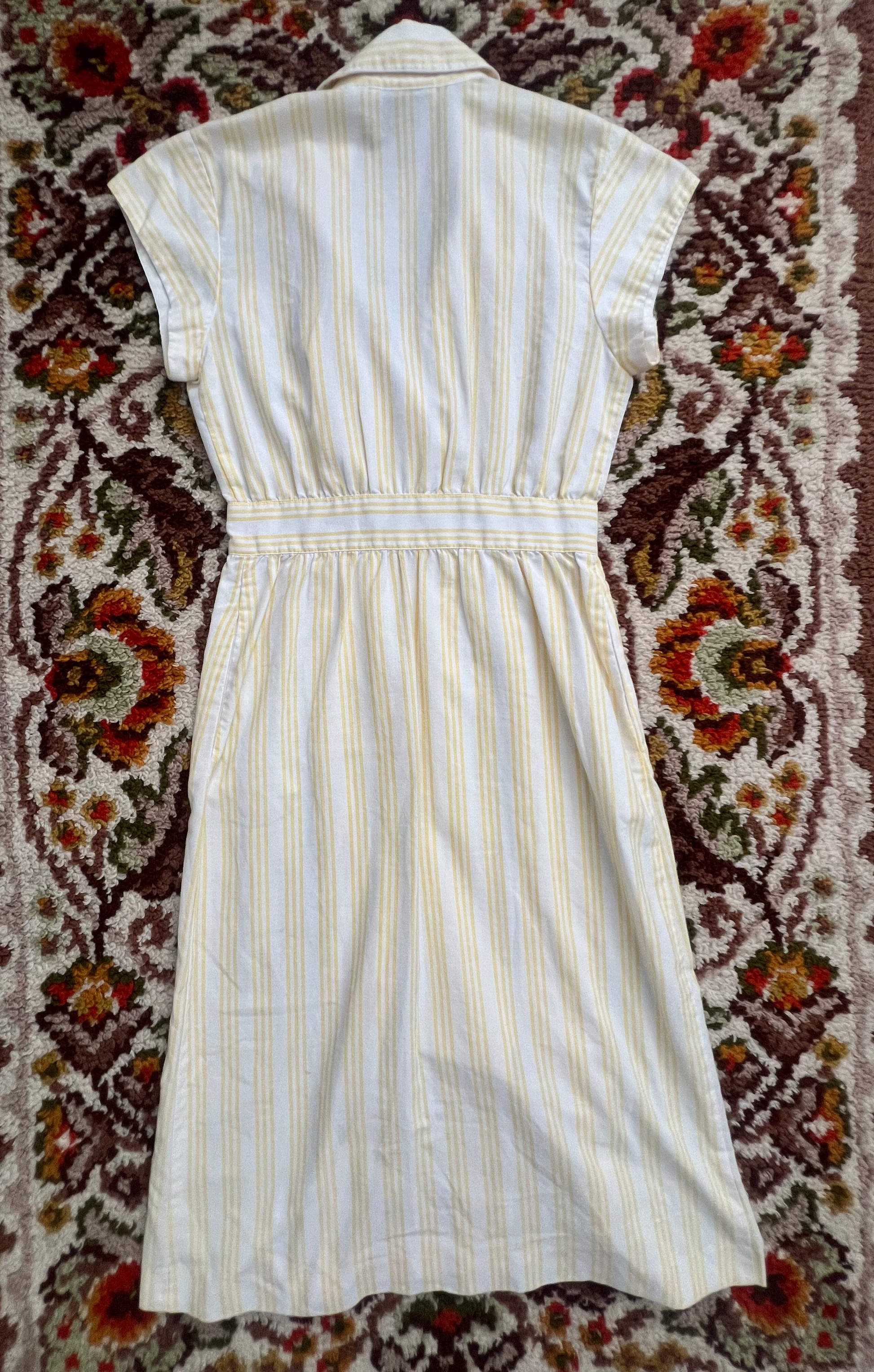 '70s-'80s Melissa Petites Vintage Yellow Striped Short Sleeve Midi Dress 10