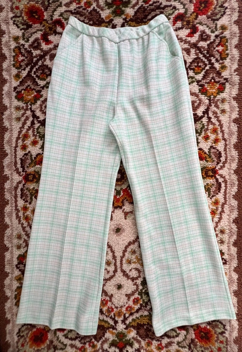 '60s-'70s Koret Of California Vintage Mint Green Wide-Leg Plaid  Pleated Pants 16