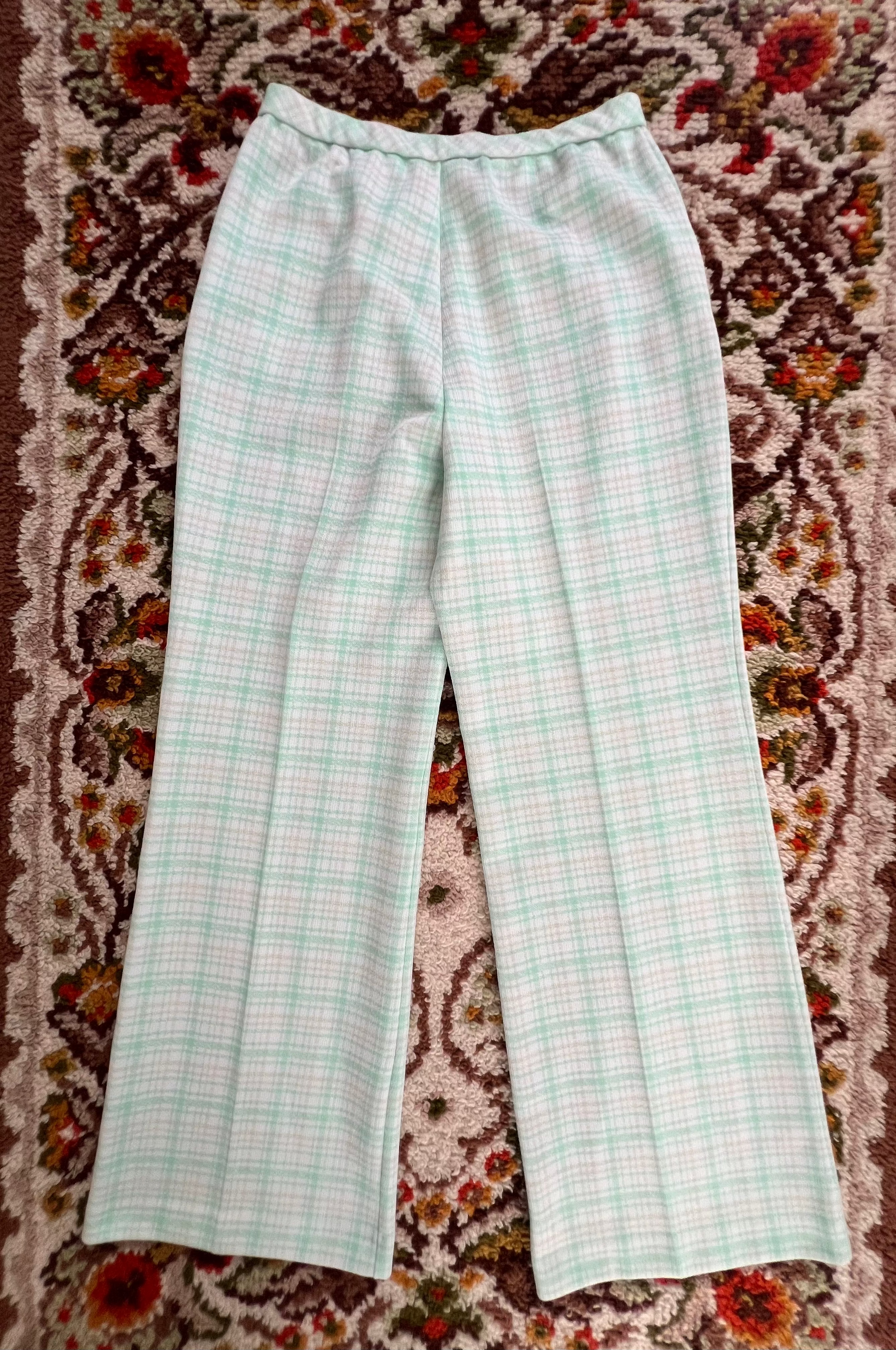 '60s-'70s Koret Of California Vintage Mint Green Wide-Leg Plaid  Pleated Pants 16