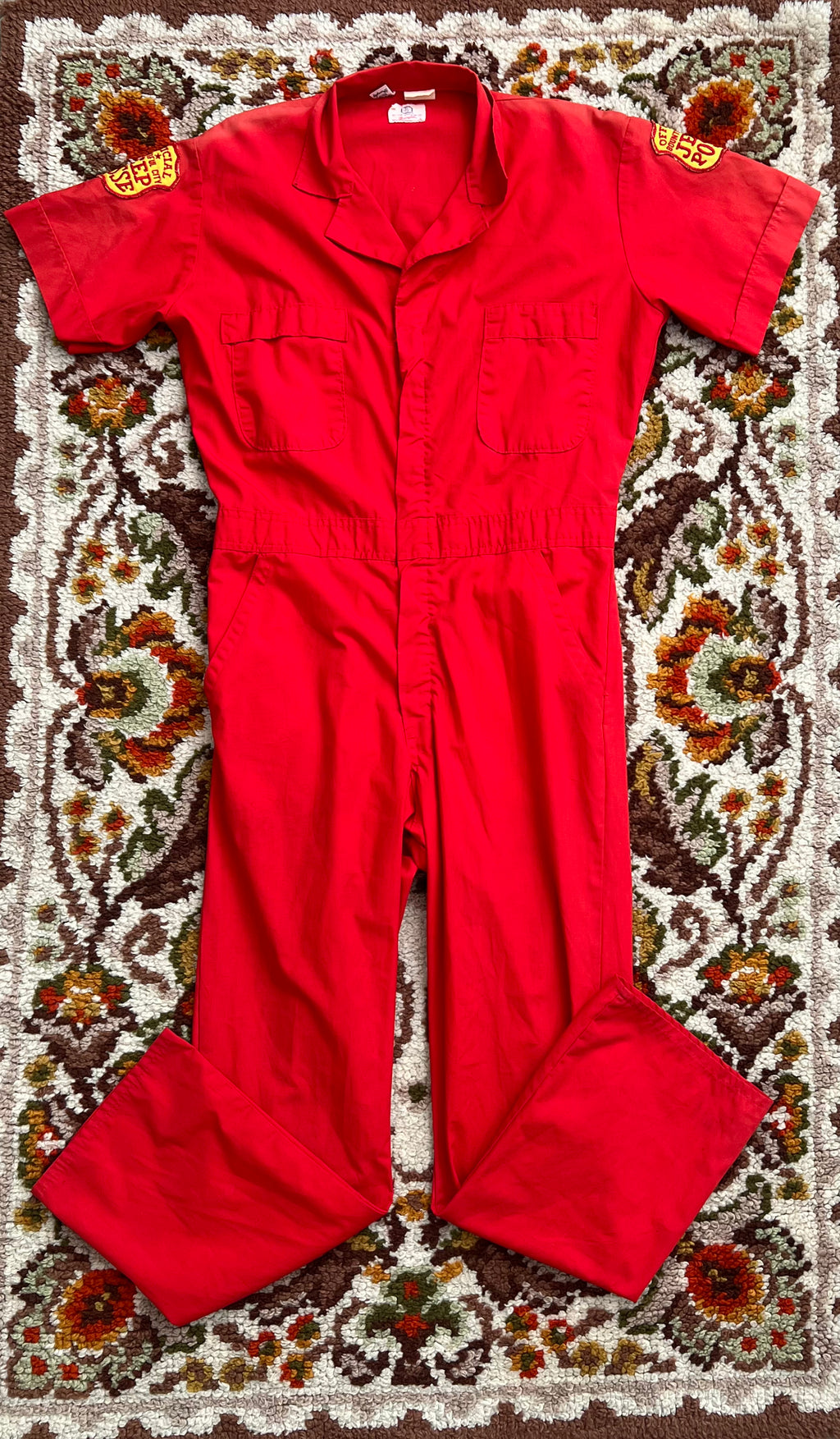 '70s Wrangler Vintage Big-Ben Red Short-Sleeve Jumpsuit W/ Patches M