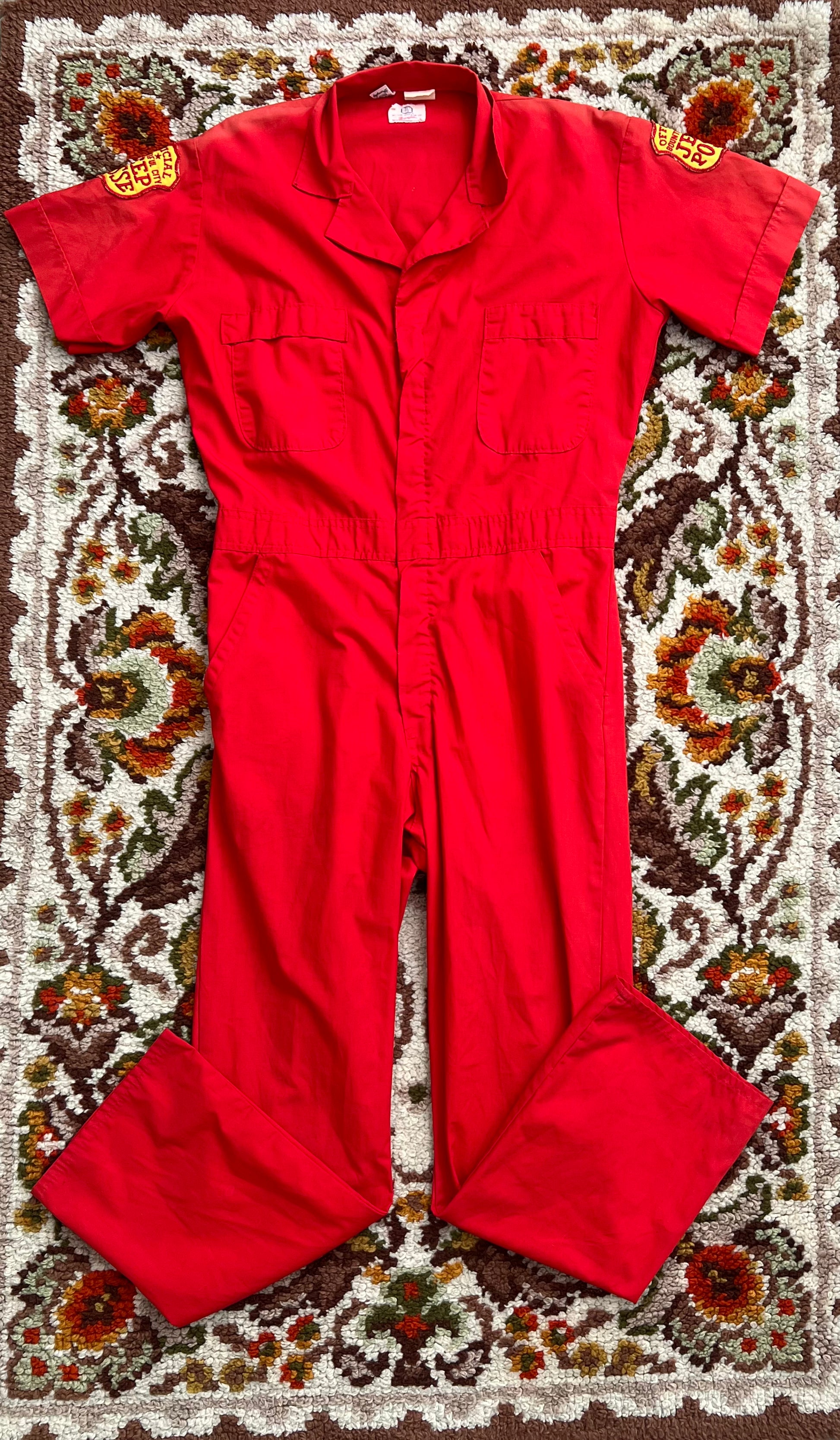 '70s Wrangler Vintage Big-Ben Red Short-Sleeve Jumpsuit W/ Patches M