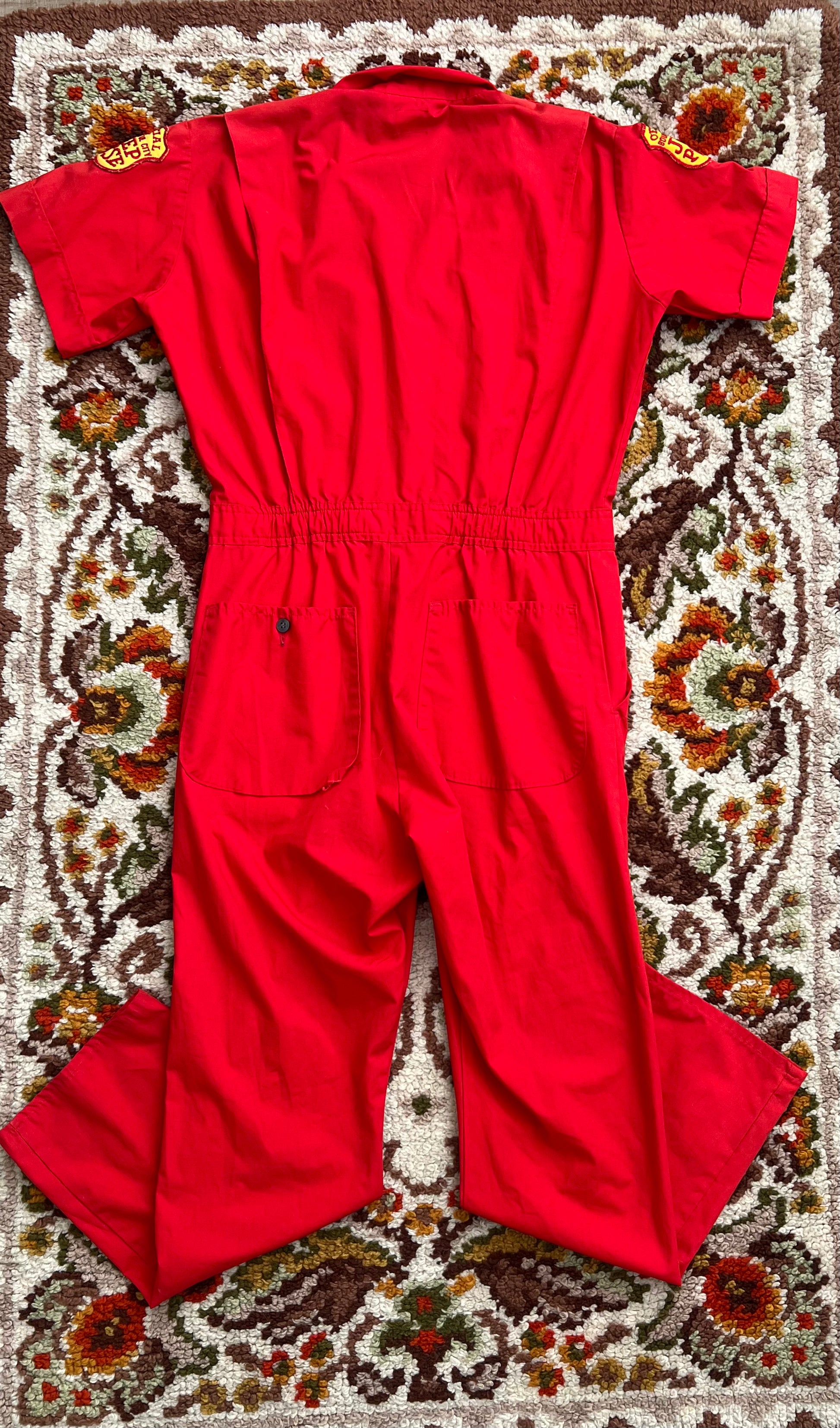'70s Wrangler Vintage Big-Ben Red Short-Sleeve Jumpsuit W/ Patches M