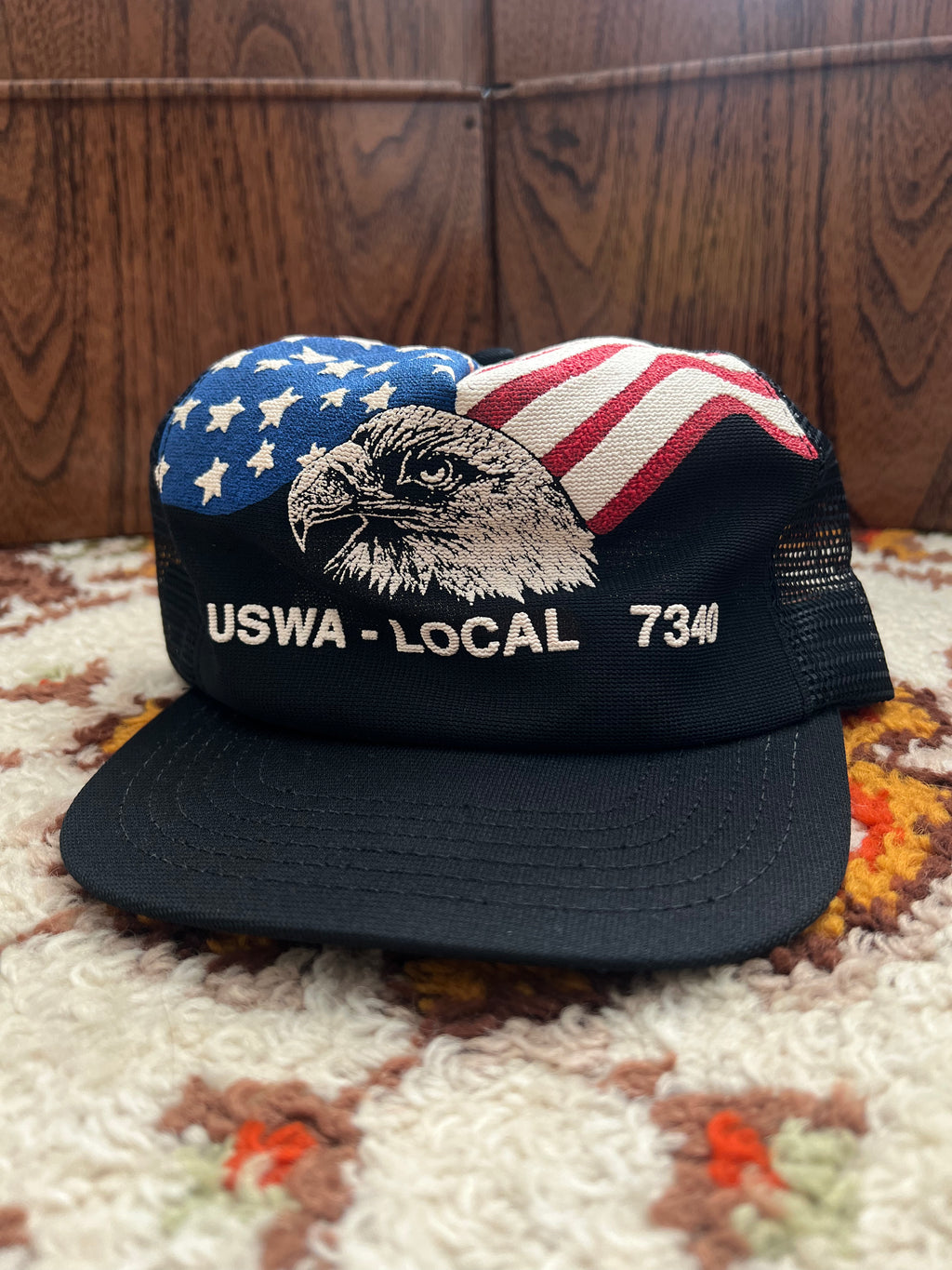 '80s Norscot Vintage Black USAW American Eagle And Flag Graphic Snapback Hat Made In USA