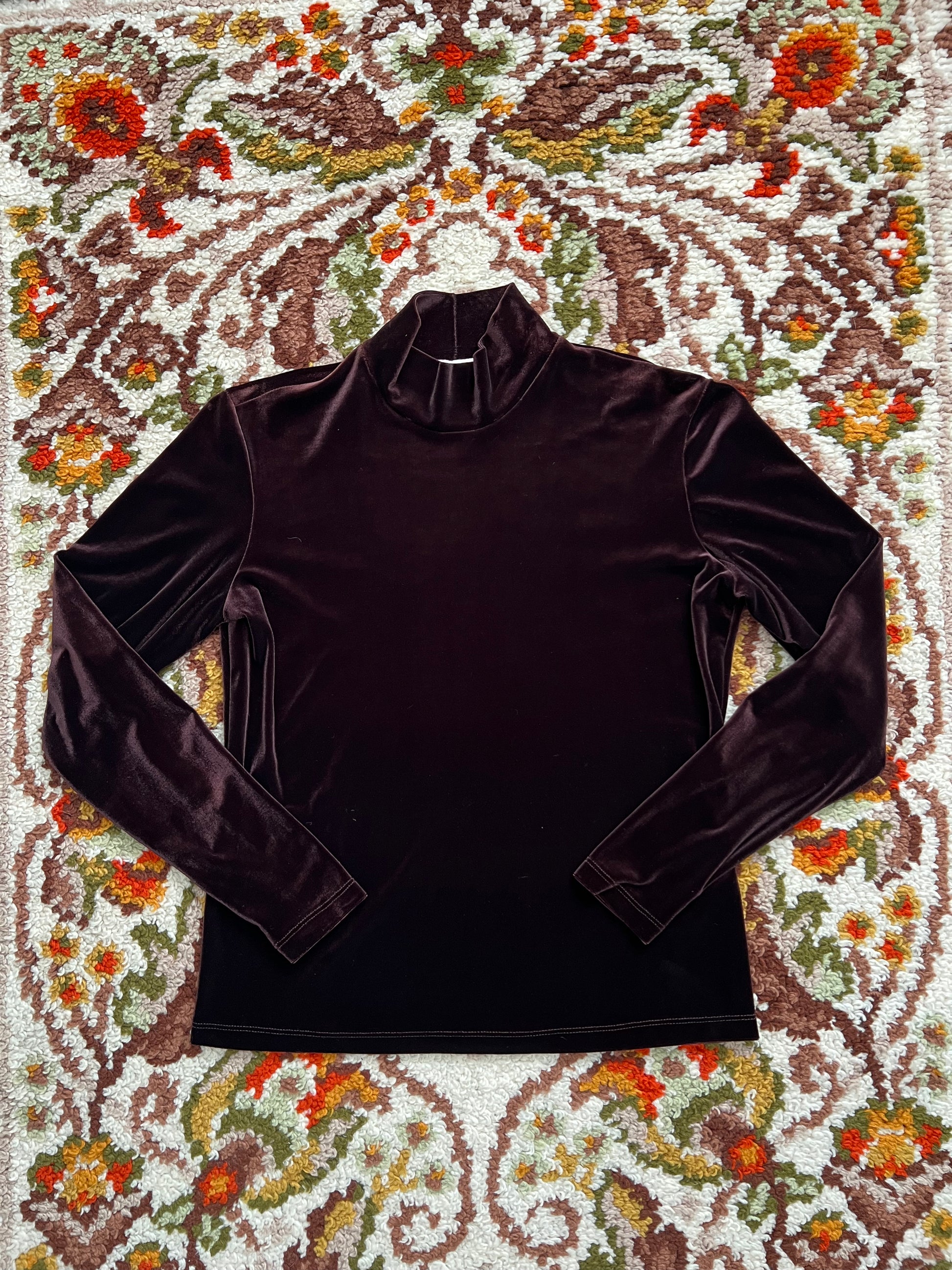 '70s Tiramisu Vintage Brown Velvet Turtle Neck Long Sleeve Shirt Made In USA L