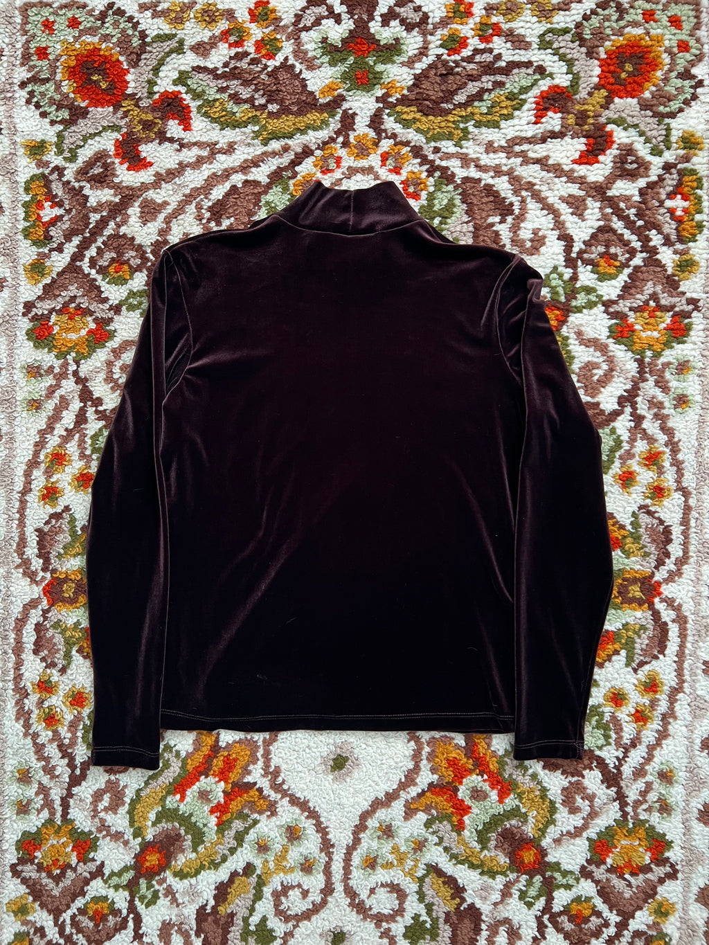 '70s Tiramisu Vintage Brown Velvet Turtle Neck Long Sleeve Shirt Made In USA L