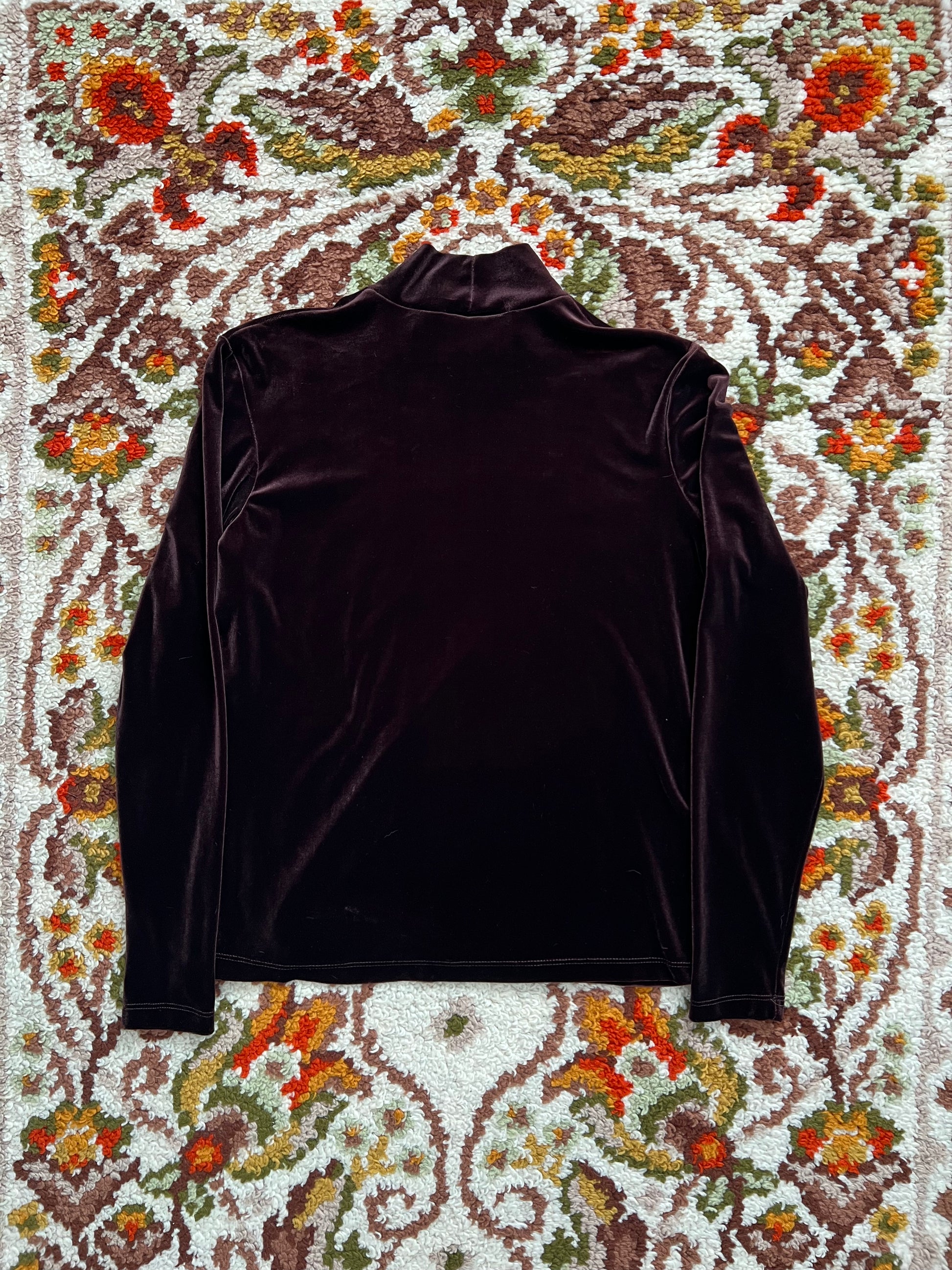 '70s Tiramisu Vintage Brown Velvet Turtle Neck Long Sleeve Shirt Made In USA L
