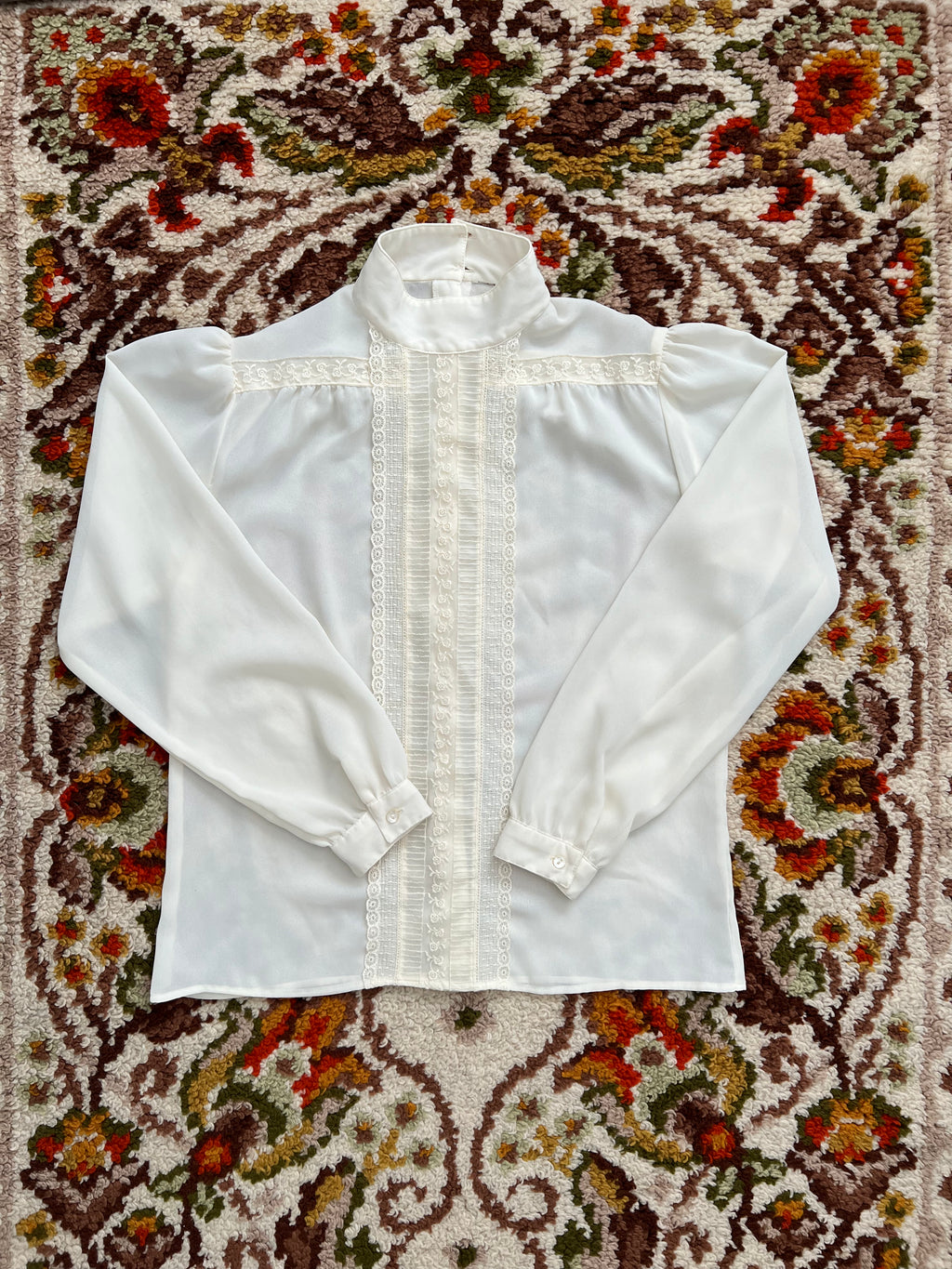 Vintage White Semi-Sheer Floral Lace High-Neck Long Sleeve