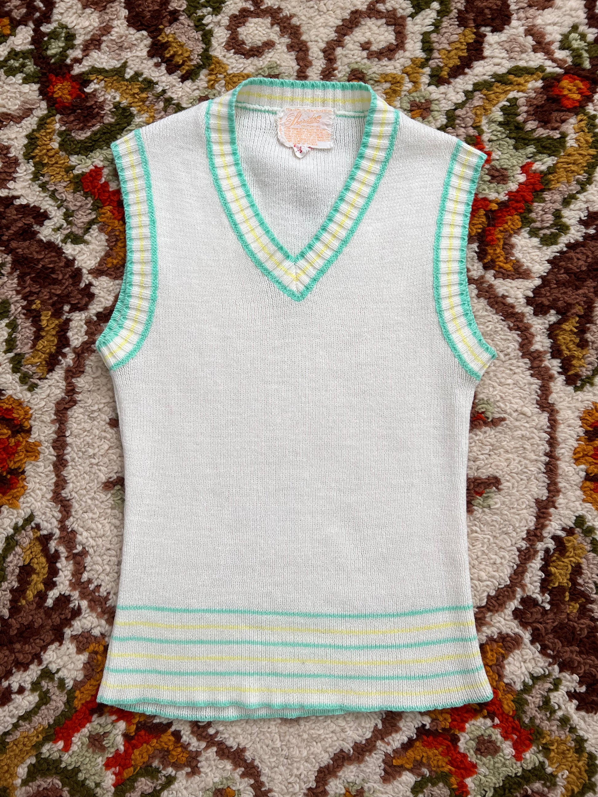 '60s Sheridan Vintage White/Green Striped Cropped Vest Top M