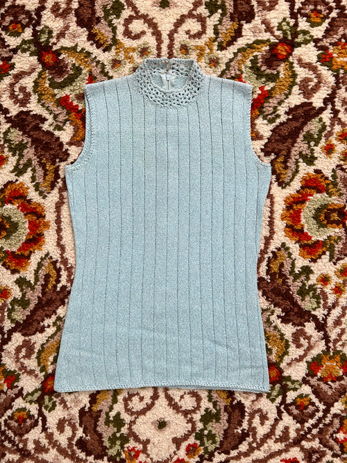 '60s Jane Vintage Blue Knit High-Neck Tank Top