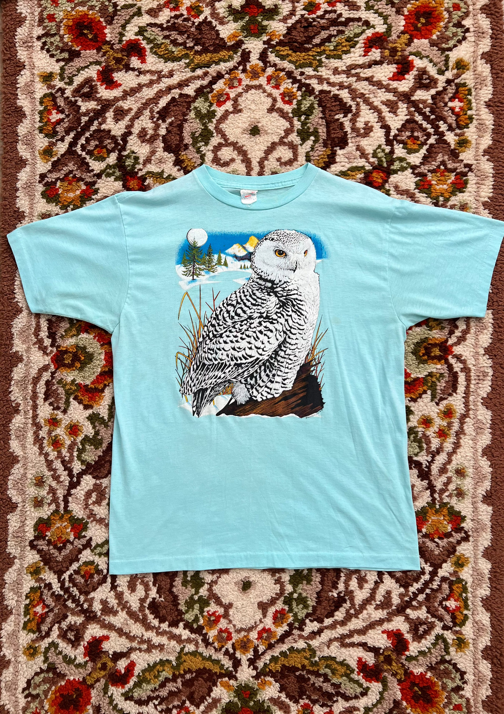 '70s-'80s Allore Vintage Blue Owl Graphic Short Sleeve TShirt Made In USA XL