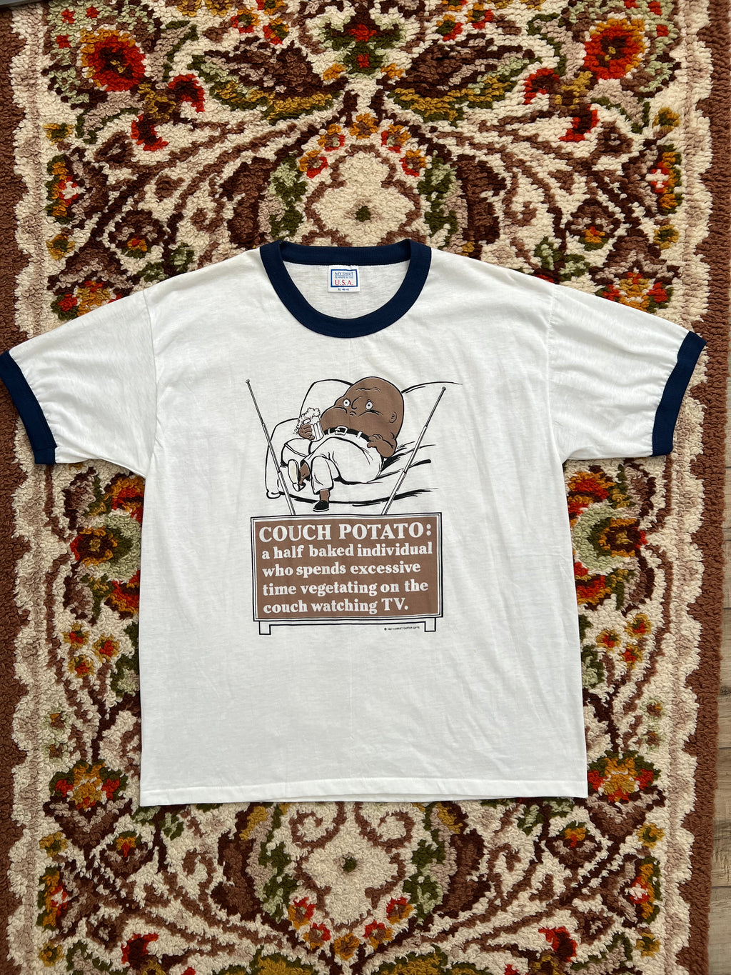 '80s My Shirt Vintage White/Navy Couch Potatoe Graphic Ringer Tshirt Made In USA XL