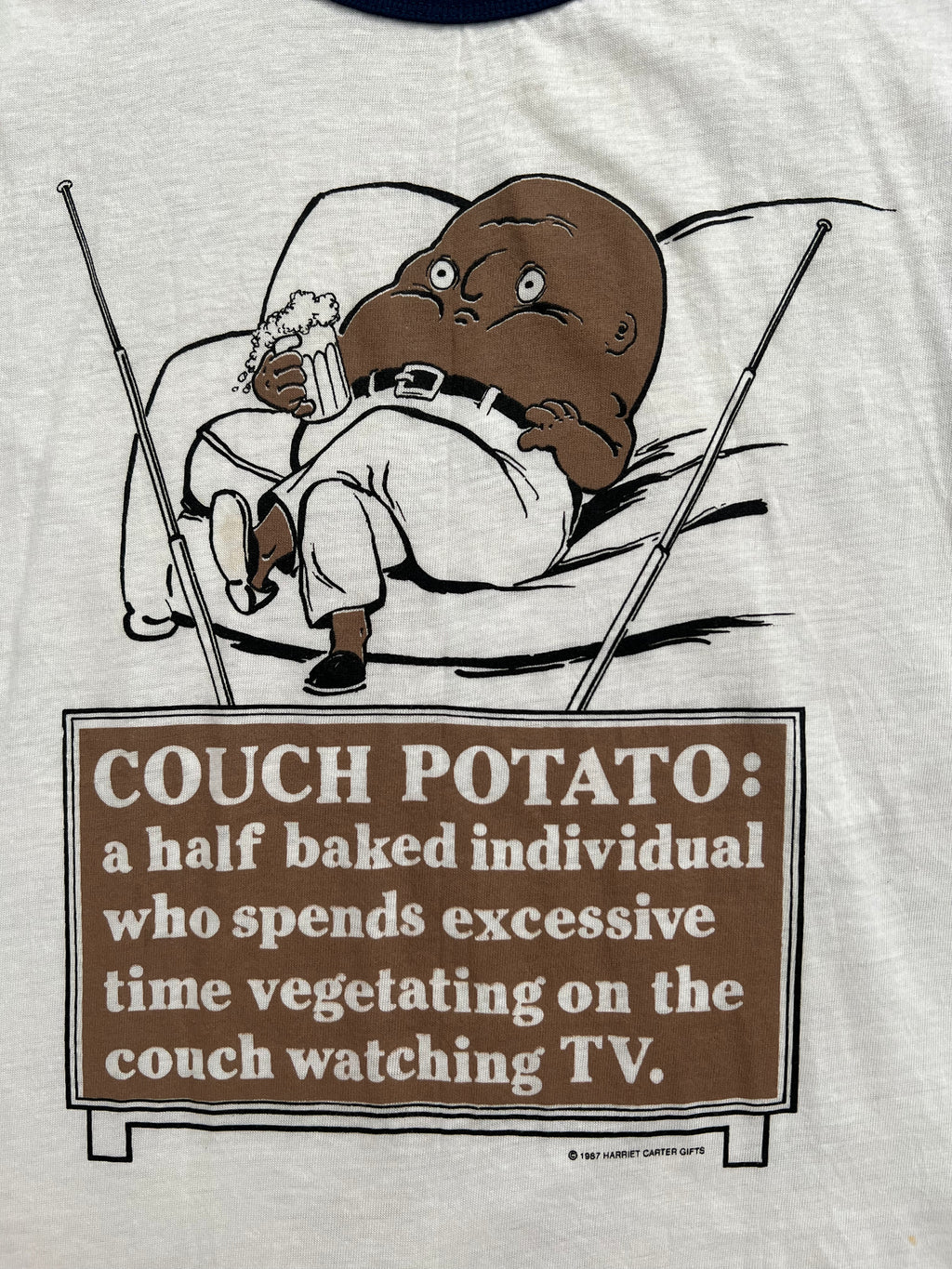 '80s My Shirt Vintage White/Navy Couch Potatoe Graphic Ringer Tshirt Made In USA XL