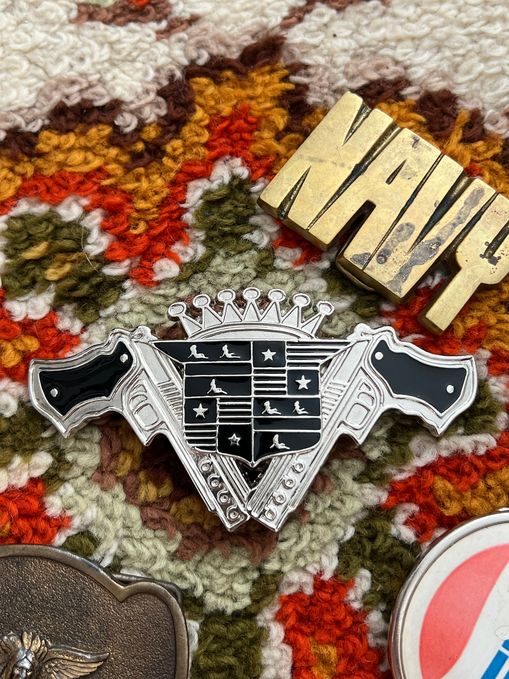 '80s 187 INC. Vintage Chrome Finish Cadillac Crest W/ Revolvers Bottle Opener Buckle