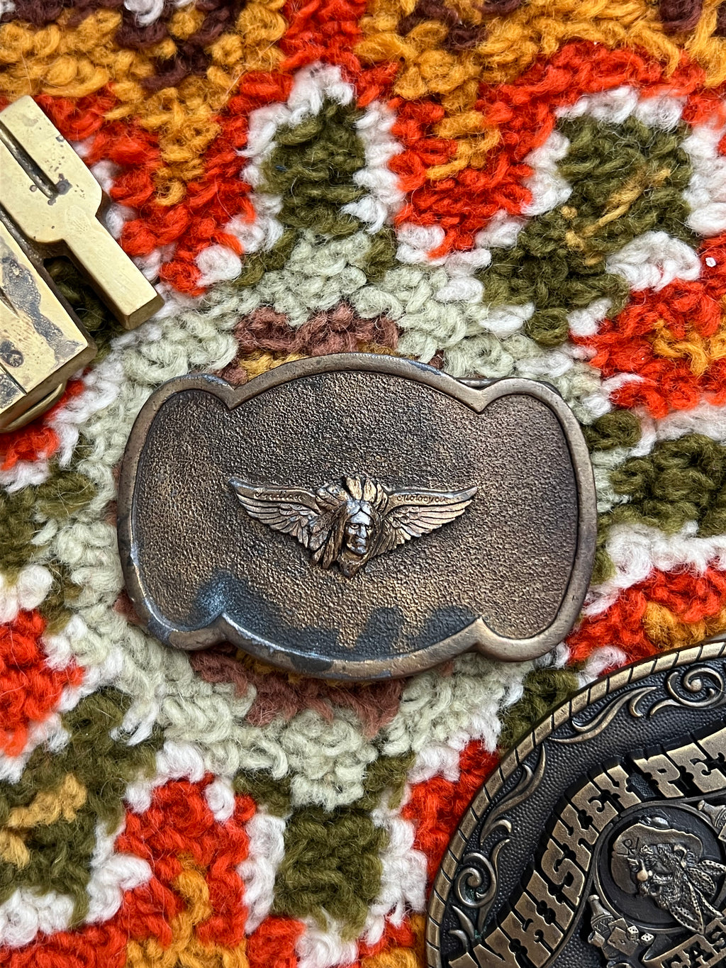'70s Vintage Brass Plated Indian Motorcycles Motif Buckle