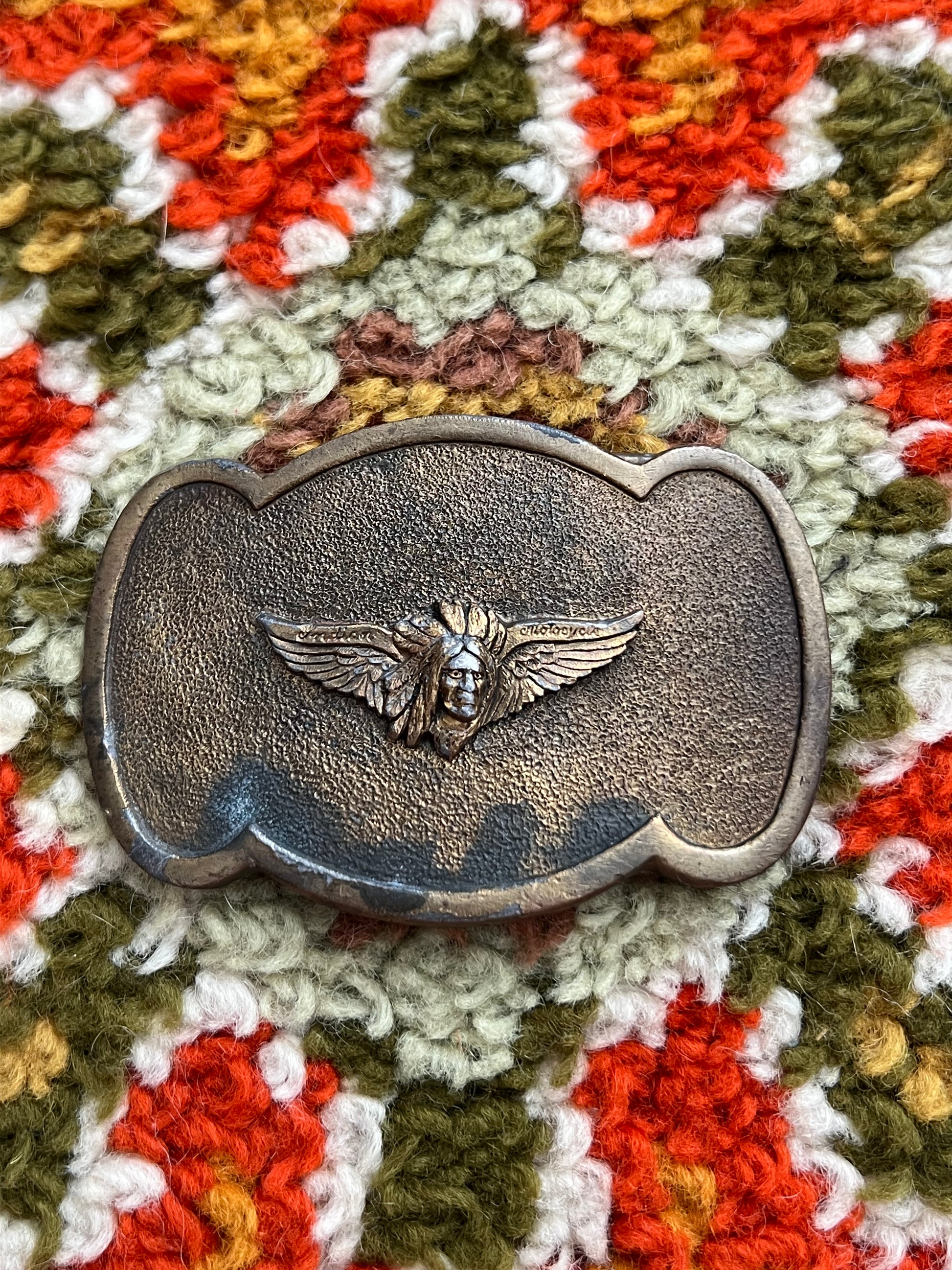 '70s Vintage Brass Plated Indian Motorcycles Motif Buckle