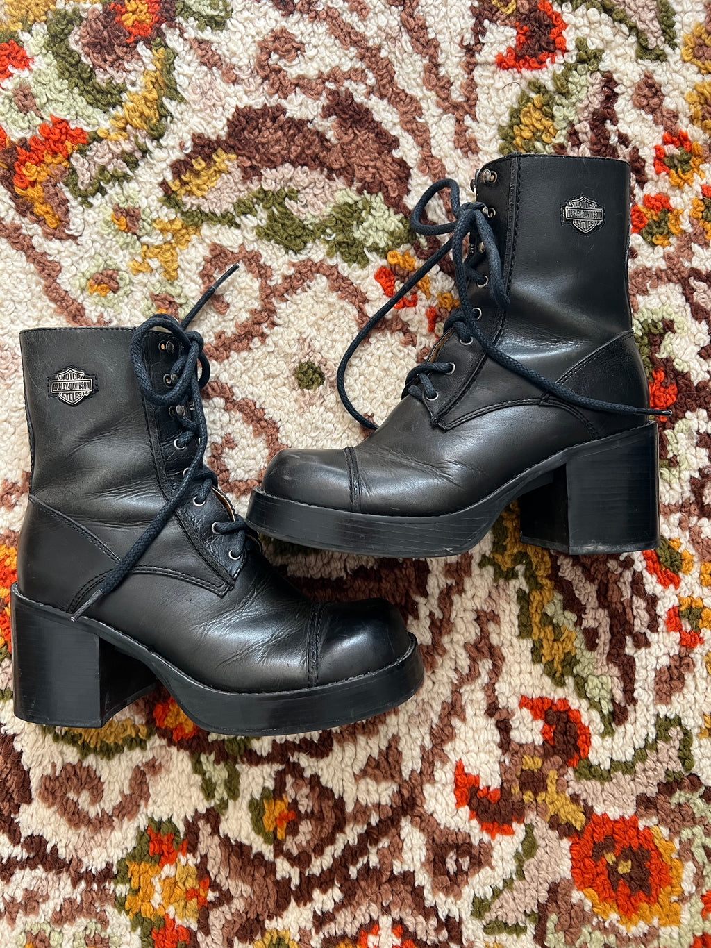 '90s Harley Davidson Vintage Black Leather Logo Chunky Heel Moto Round Toe Lace Up Booties 6