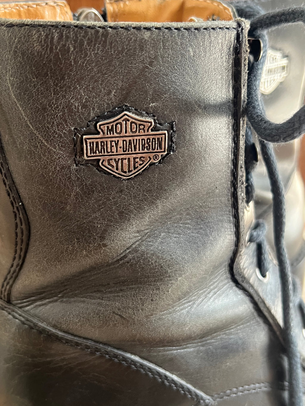 '90s Harley Davidson Vintage Black Leather Logo Chunky Heel Moto Round Toe Lace Up Booties 6