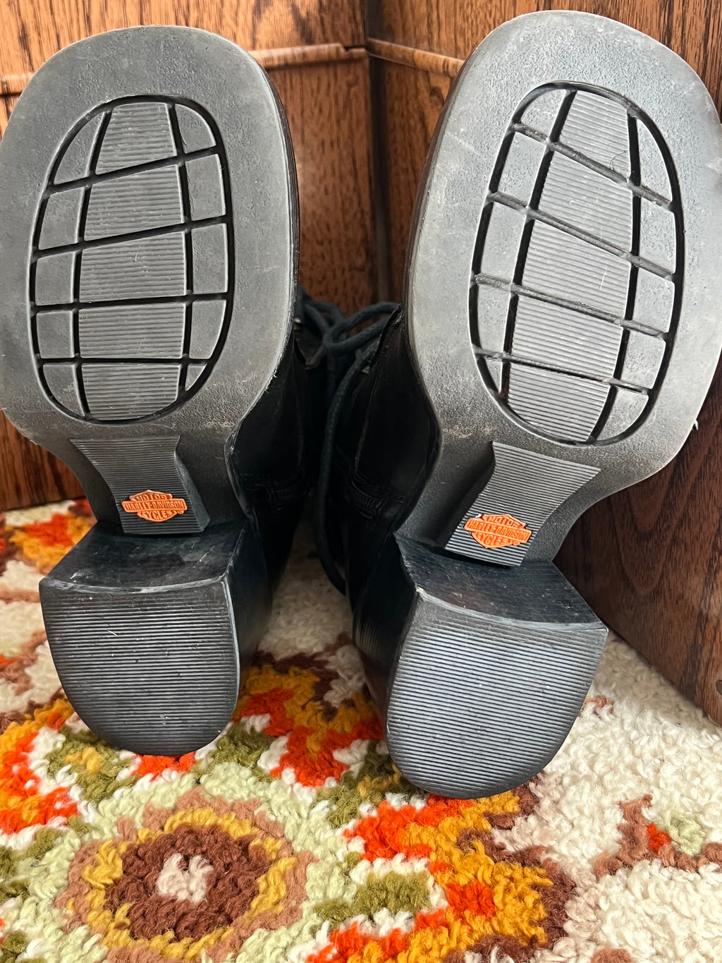 '90s Harley Davidson Vintage Black Leather Logo Chunky Heel Moto Round Toe Lace Up Booties 6