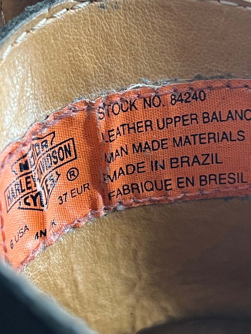 '90s Harley Davidson Vintage Black Leather Logo Chunky Heel Moto Round Toe Lace Up Booties 6