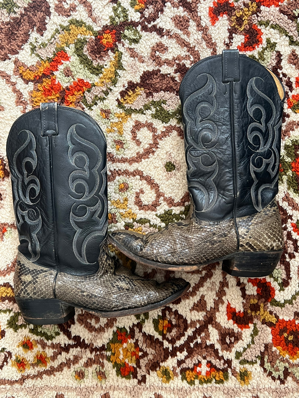 '80s-'90s Nocona Vintage Black/Green Leather And Snake Skin R Toe Boots Made In USA 10.5D