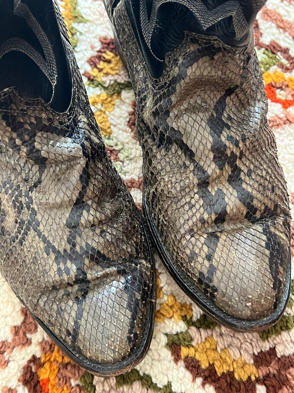 '80s-'90s Nocona Vintage Black/Green Leather And Snake Skin R Toe Boots Made In USA 10.5D