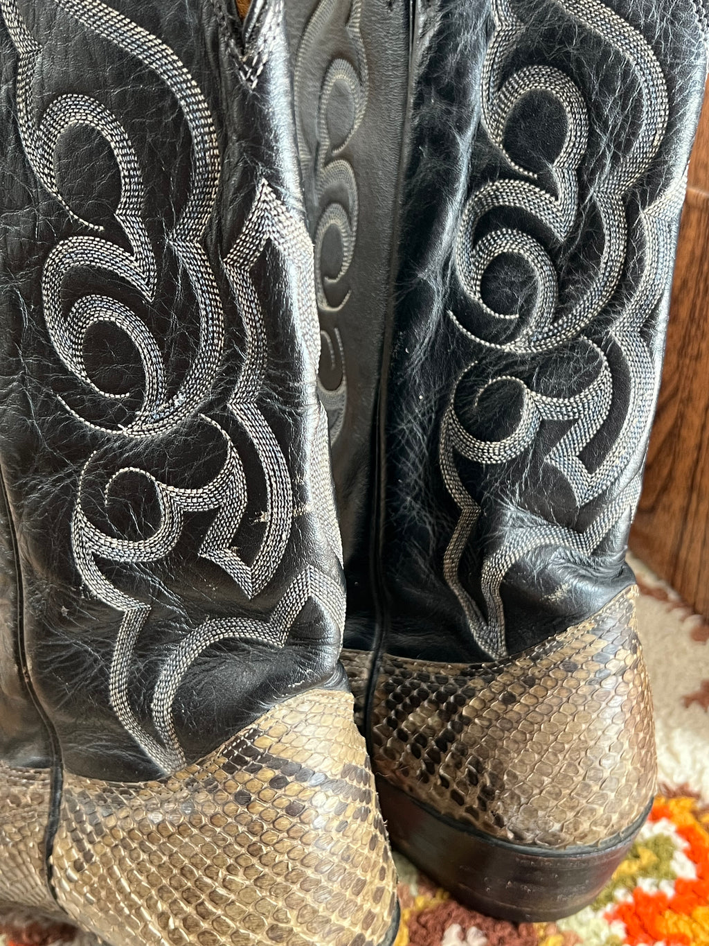 '80s-'90s Nocona Vintage Black/Green Leather And Snake Skin R Toe Boots Made In USA 10.5D