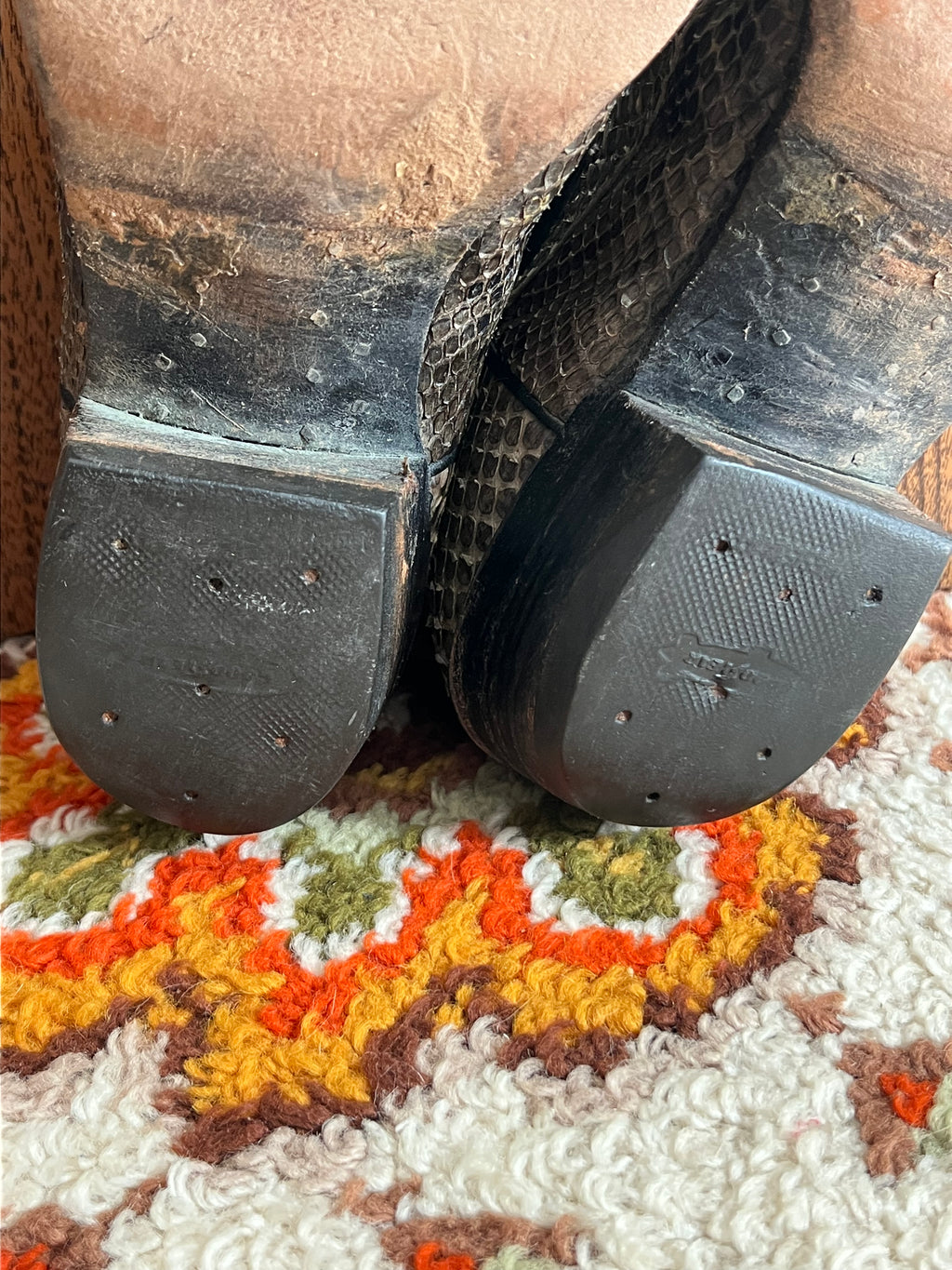 '80s-'90s Nocona Vintage Black/Green Leather And Snake Skin R Toe Boots Made In USA 10.5D