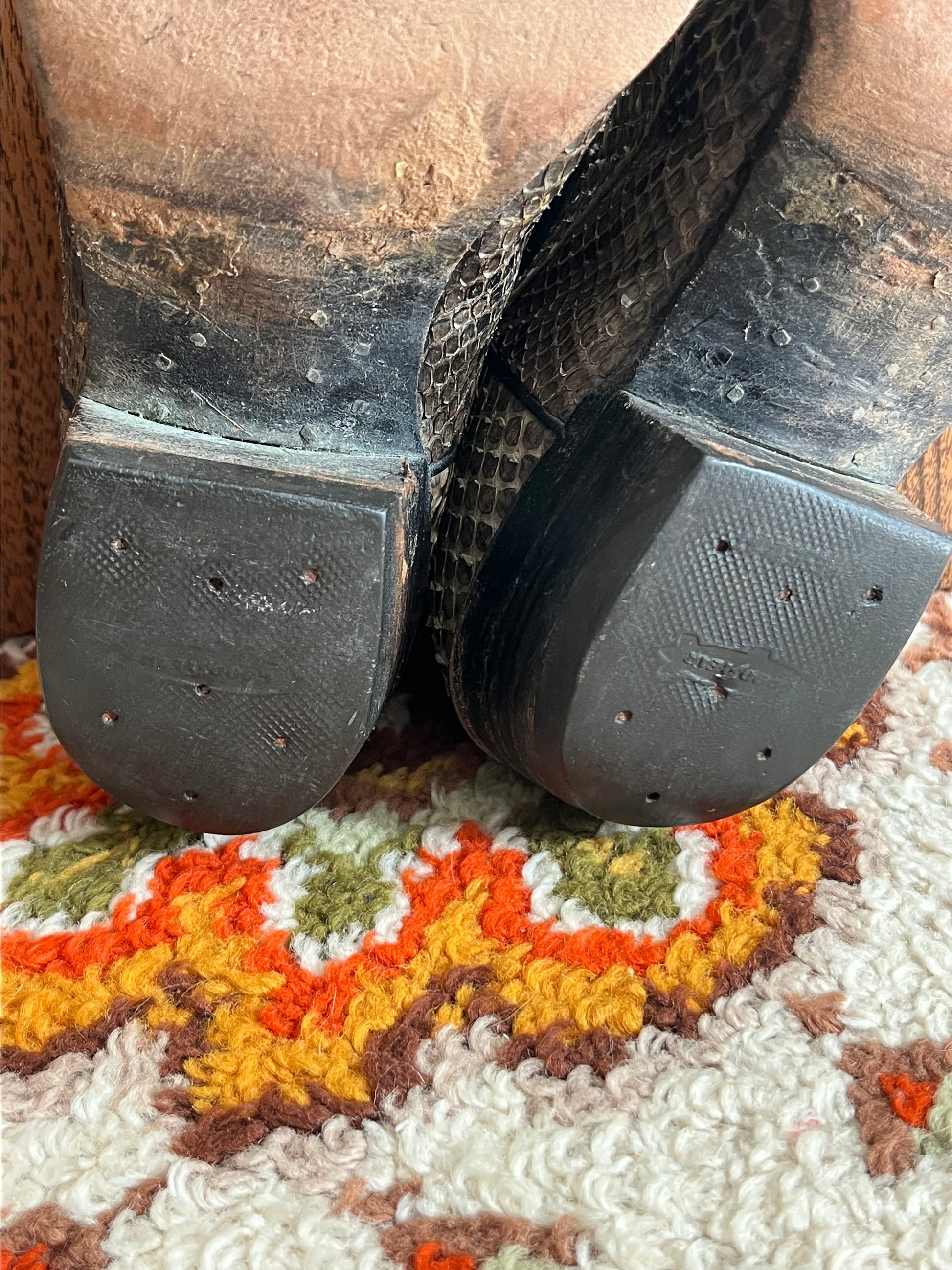 '80s-'90s Nocona Vintage Black/Green Leather And Snake Skin R Toe Boots Made In USA 10.5D