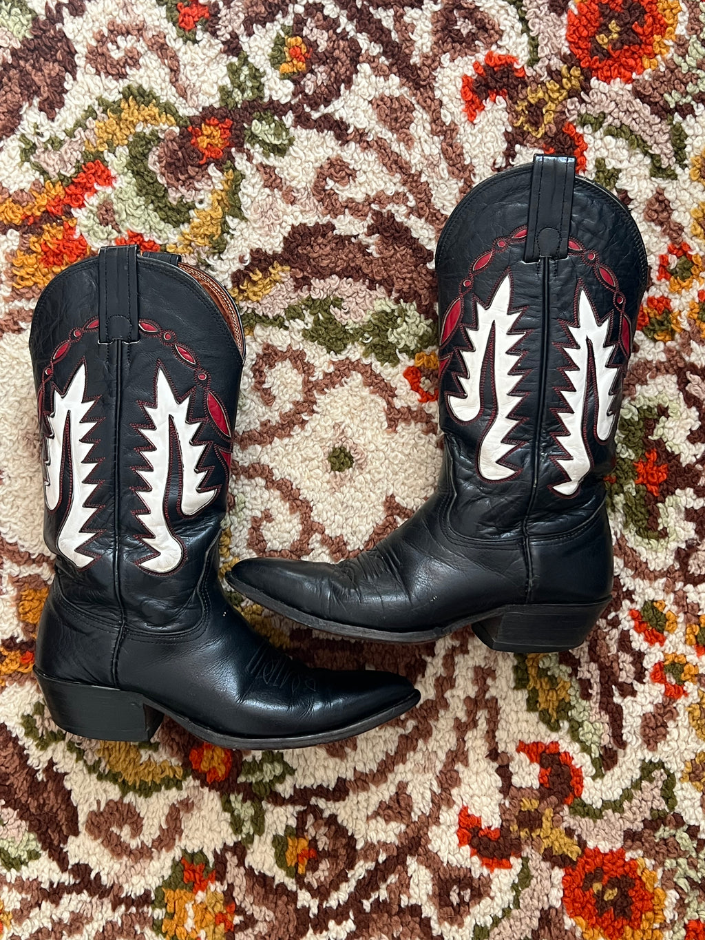 '80s Nocona Vintage Black/White/Red Leather R Toe Boots Made In USA