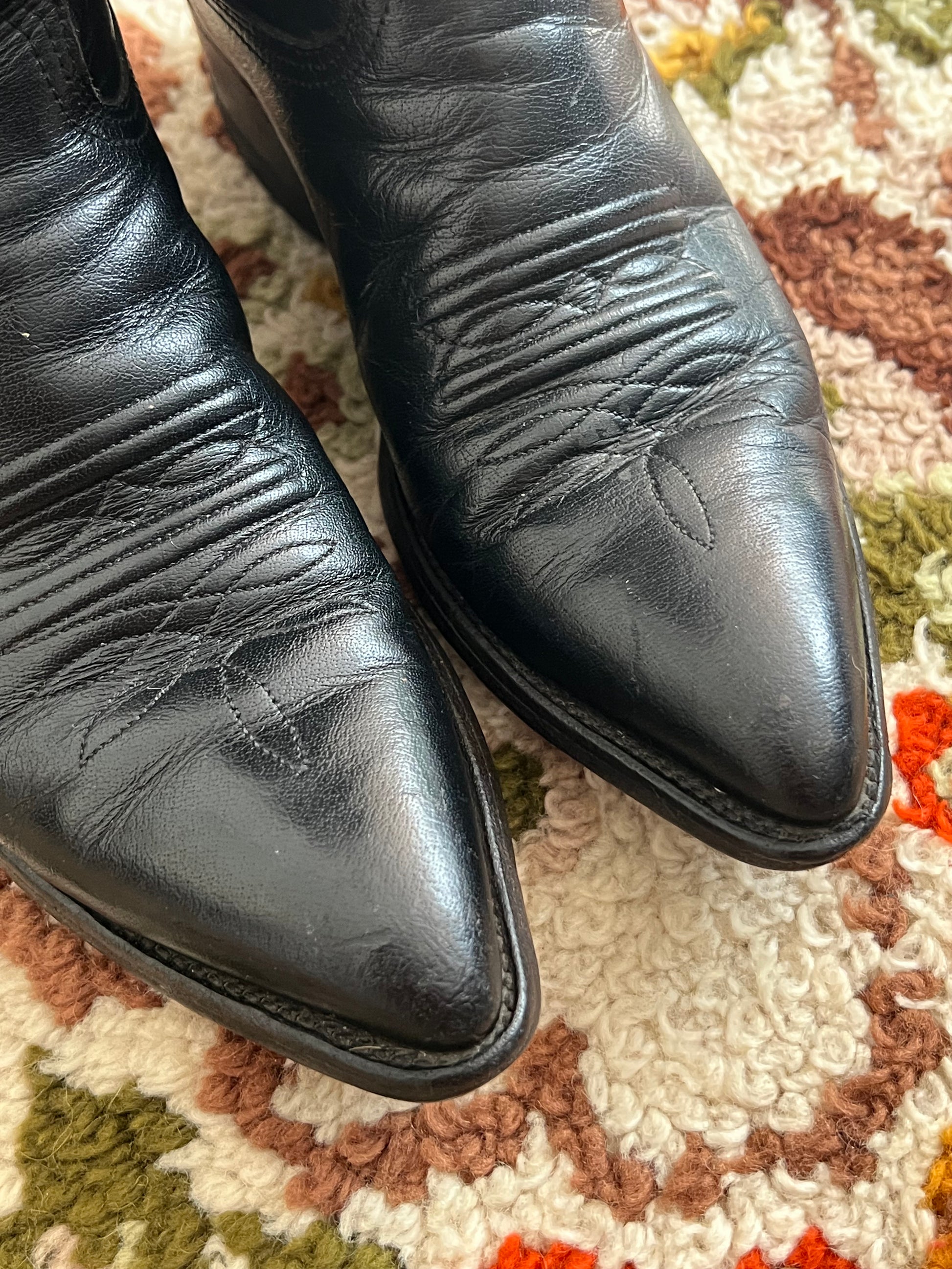 '80s Nocona Vintage Black/White/Red Leather R Toe Boots Made In USA