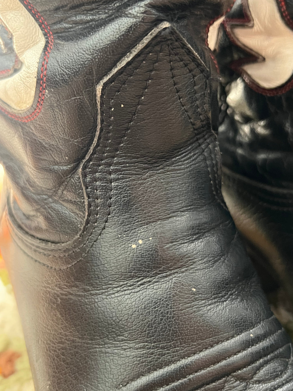 '80s Nocona Vintage Black/White/Red Leather R Toe Boots Made In USA