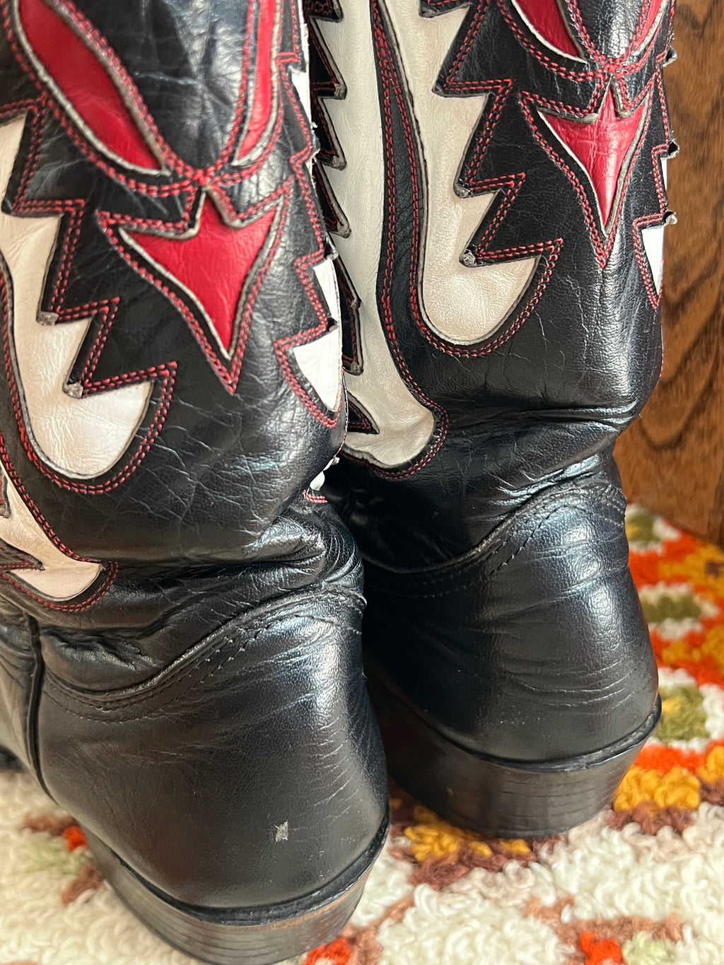 '80s Nocona Vintage Black/White/Red Leather R Toe Boots Made In USA