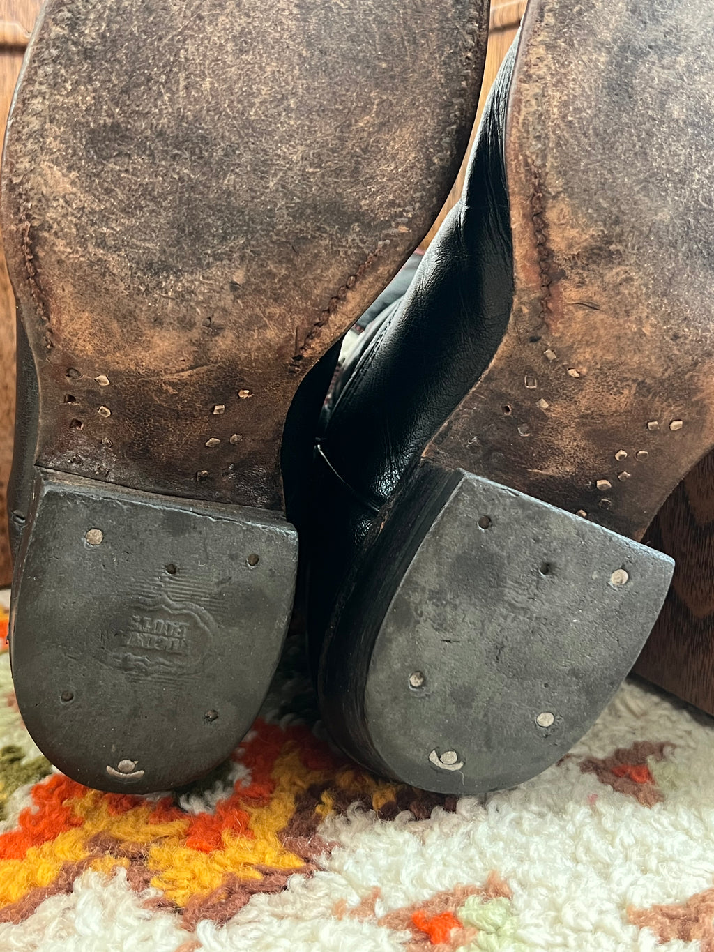 '80s Nocona Vintage Black/White/Red Leather R Toe Boots Made In USA